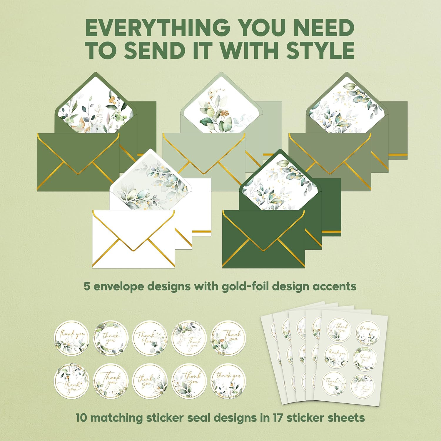 6X4In Sage Green Thank You Cards with Envelopes, 10 Elegant Designs for Parties