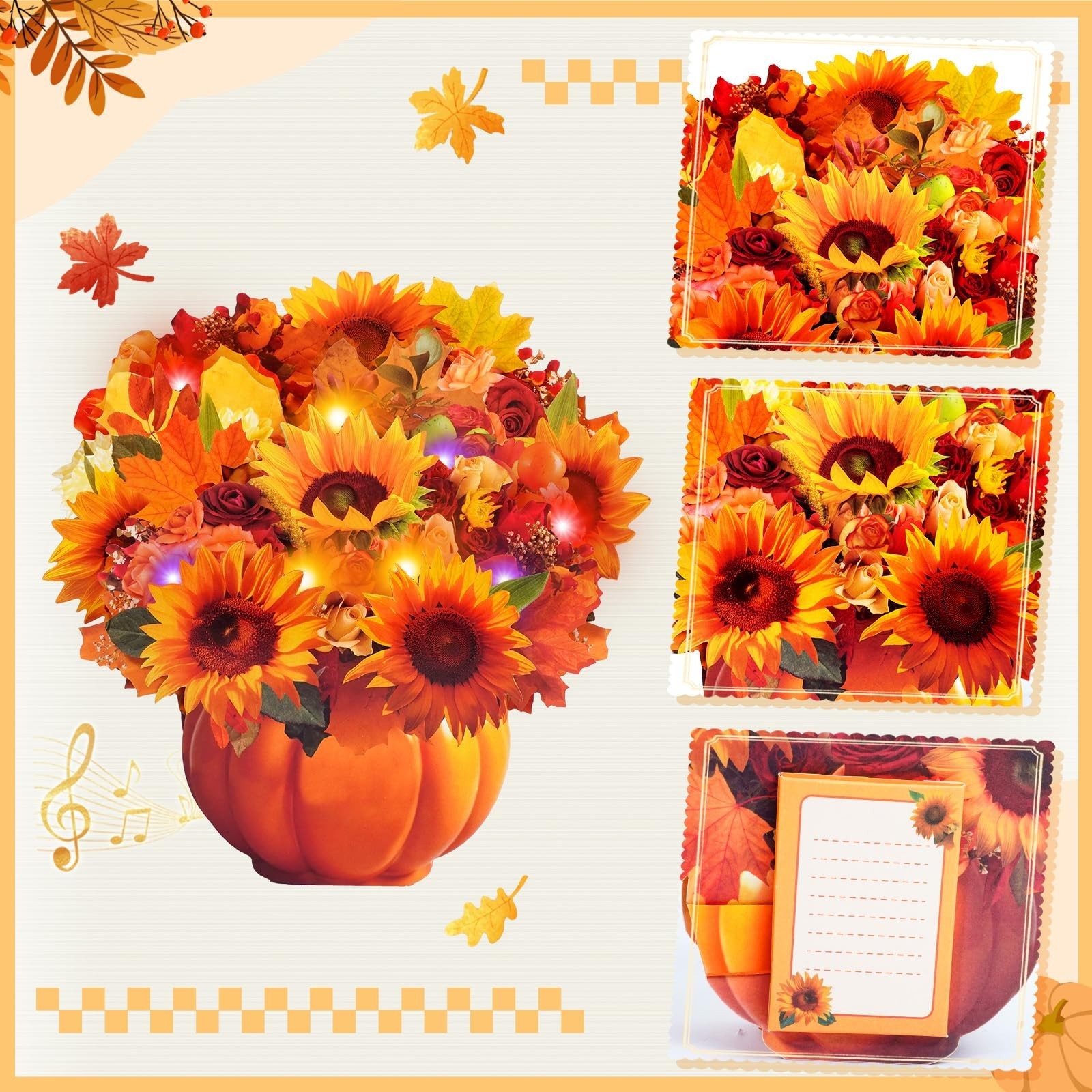 Thanksgiving Pop Up Cards with Music & Light – Fall Sunflower Bouquet Gifts for