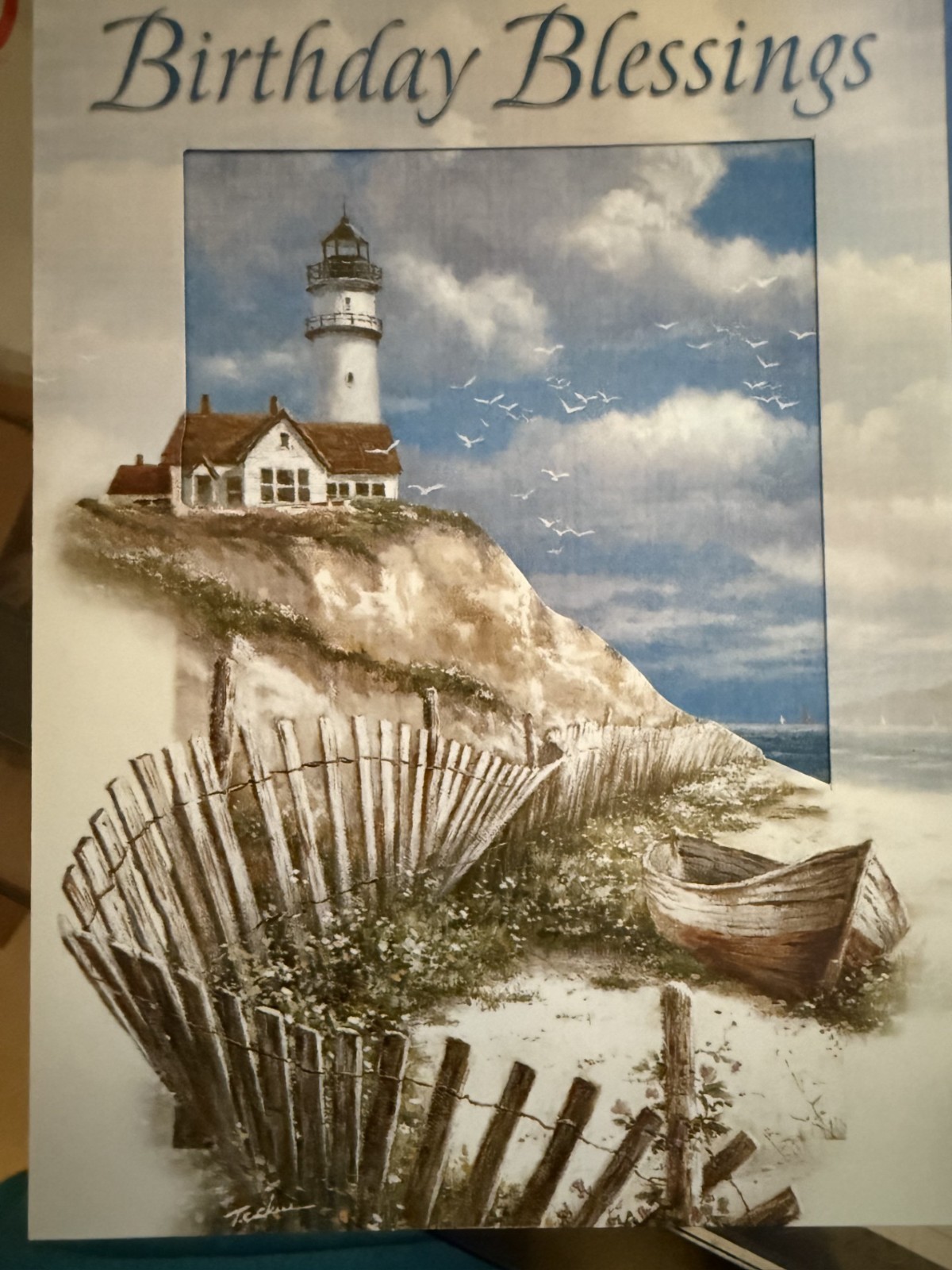 “Birthday Blessings” -window opens to beach scene & lighthse – Approx 4.5″ X 6″