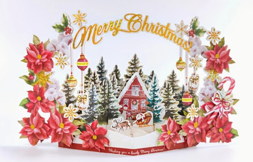 POPUP CARD-Sparkling Pop-Up Christmas Greeting Card – Floral Design
