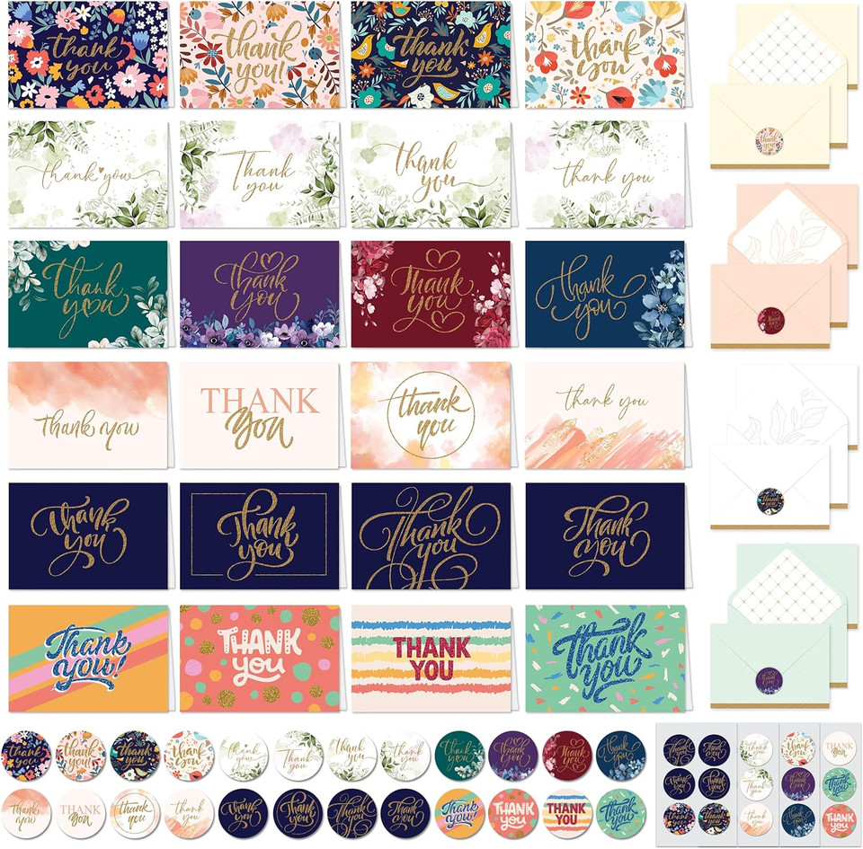 24 Pack Glittery 6X4In Assorted Thank You Cards with Envelopes and Stickers, 24