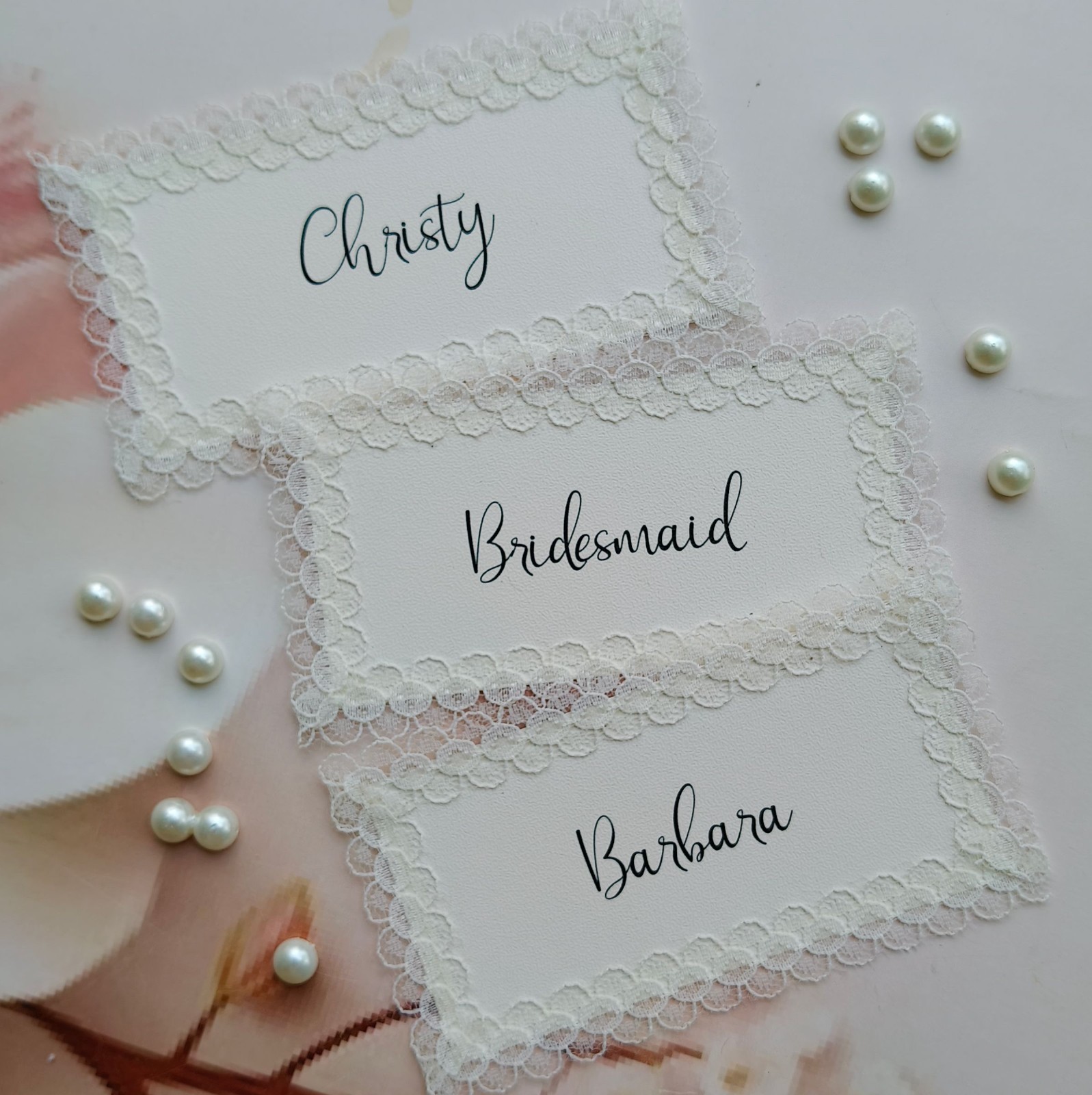 Lace Place Cards with Calligraphy Names | Elegant Wedding Bridal Table Decor