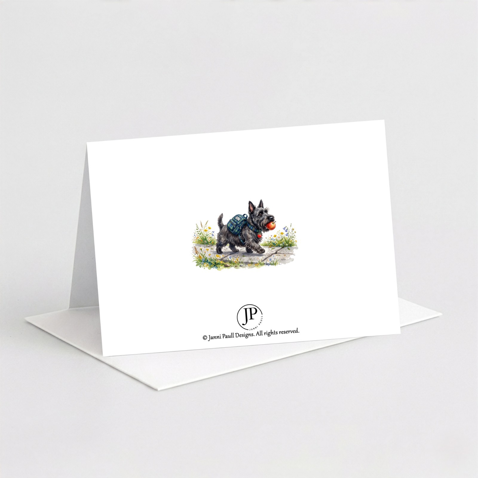 Whimsical Greeting Card, First Day of School, Scottie Dog, 7″ x 5″