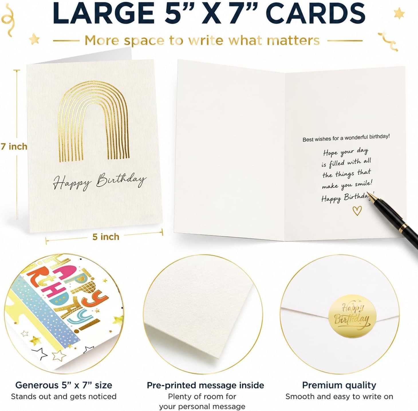 120 Gold Foil Birthday Cards Envelopes Stickers 5×7 For Family Office