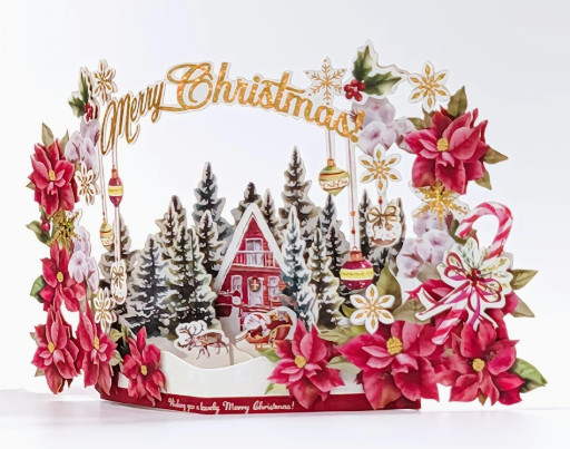 POPUP CARD-Sparkling Pop-Up Christmas Greeting Card – Floral Design
