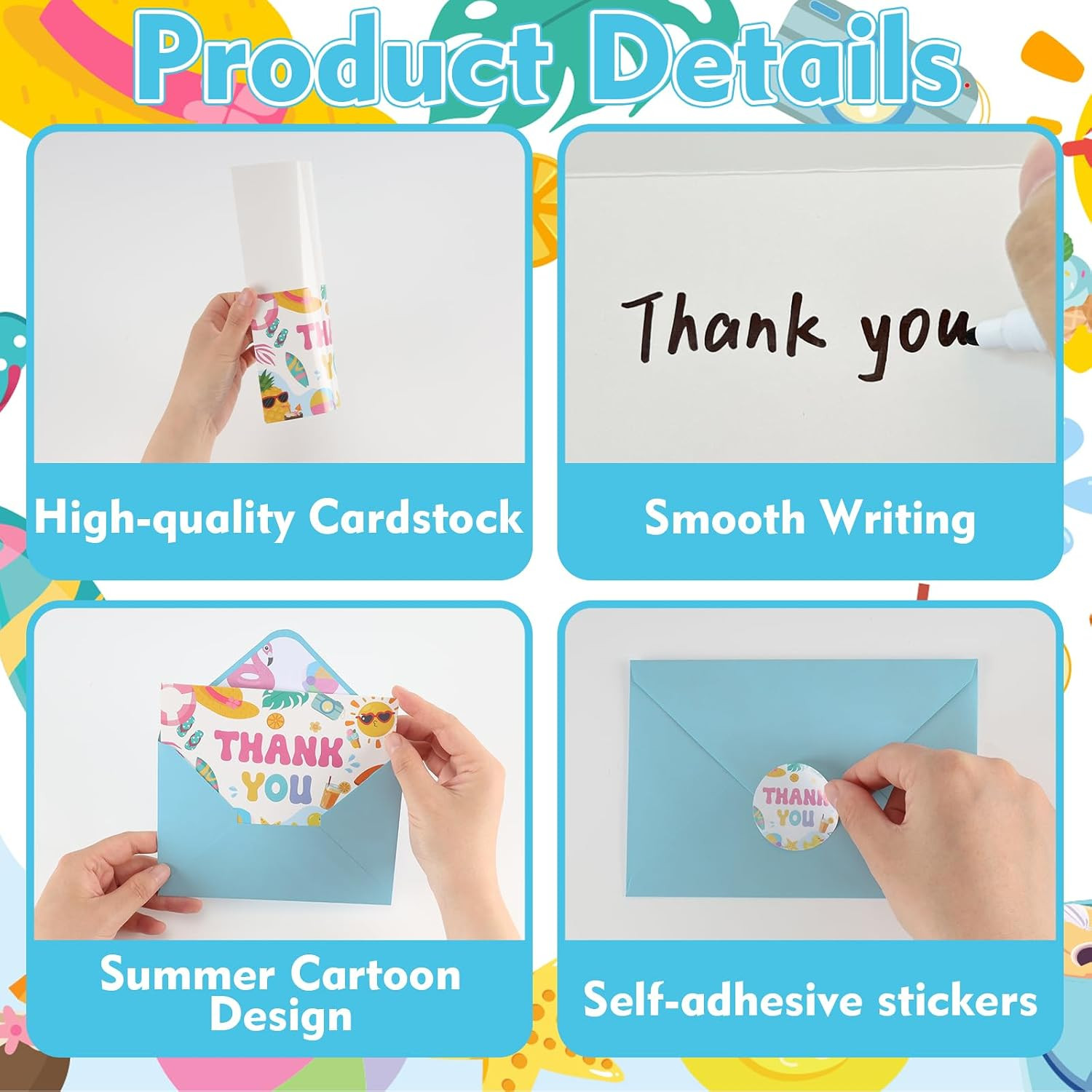 24 Pack Pool Party Thank You Cards with Envelopes Stickers, 4 X 6 Inch Summer Be