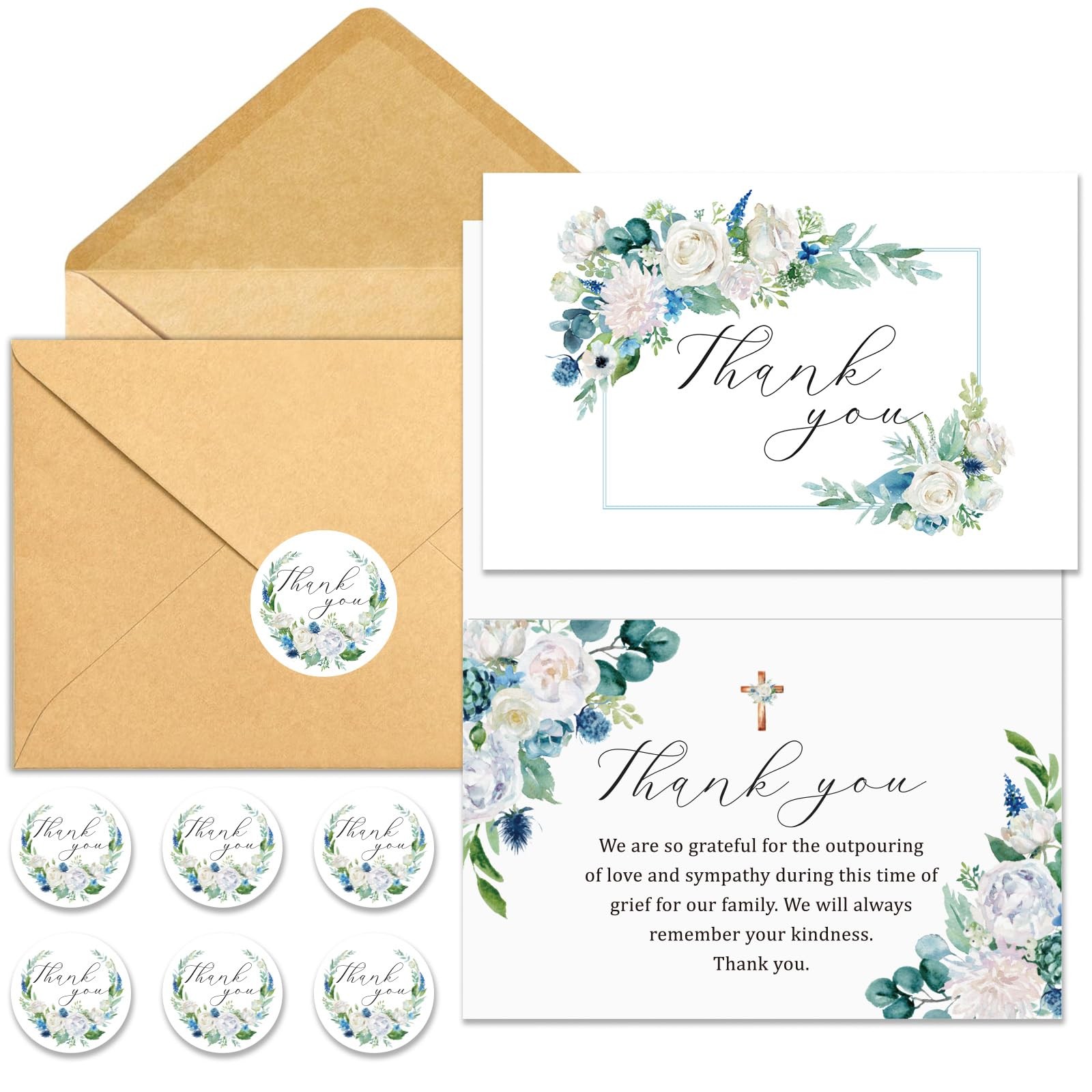 BYBOUS 25 Pack Funeral Thank You Cards with Envelopes 4 x 6 inches, Blue