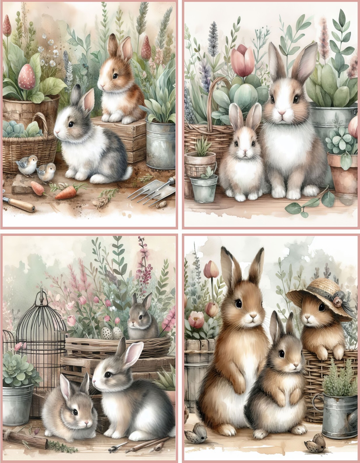 8 bunny rabbit family vintage fantasy whimsical glossy blank fold out cards