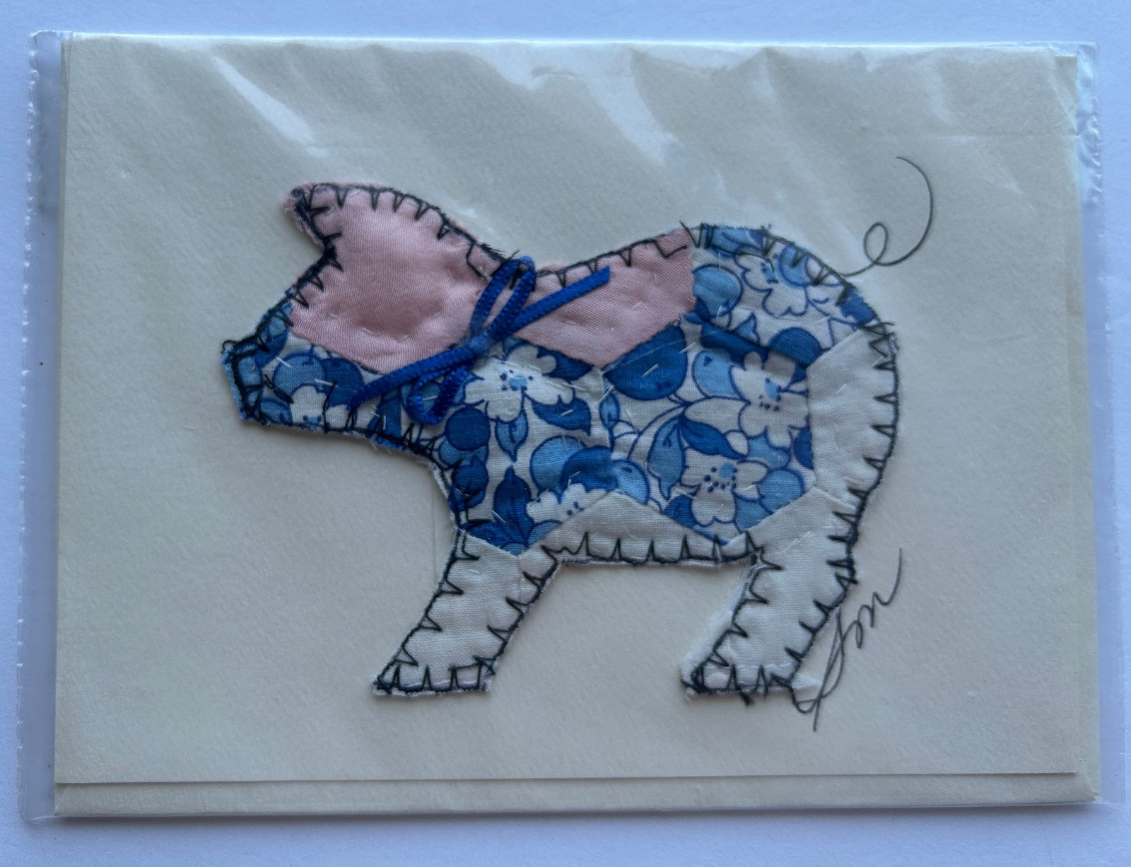 Hand-made “Quilted Fabric” Pig Design Note Card Greeting Card QUILTIES 1996 Vtg
