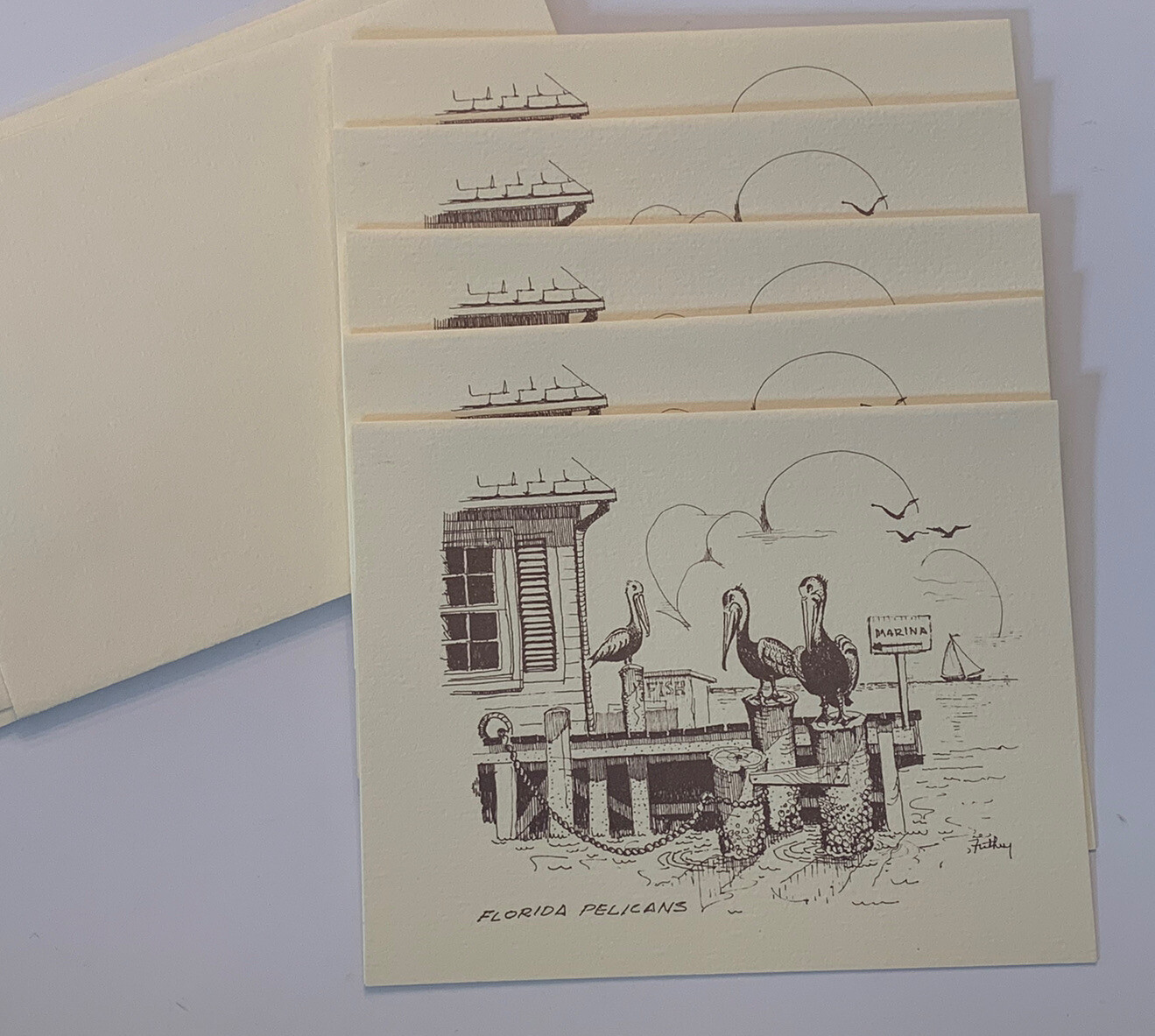 FLORIDA PELICANS NOTECARDS & ENVELOPES Lot Of 5 By Signature Stationary Of FL