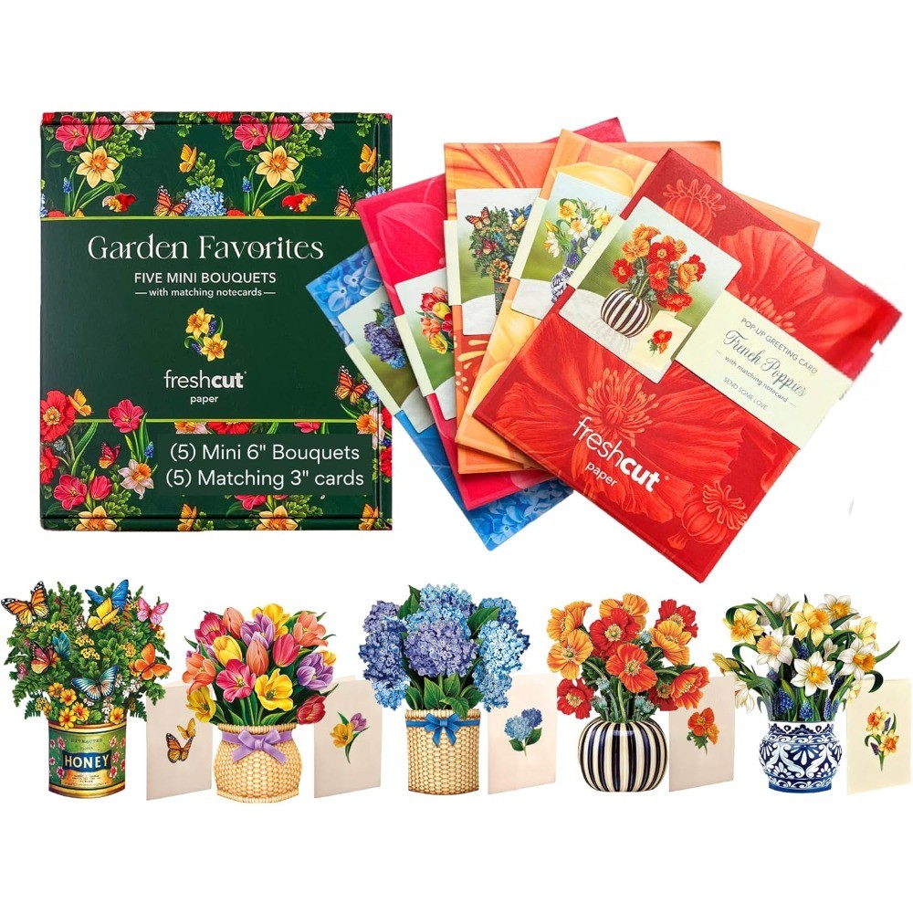 5 Pack Freshcut Paper Mini 3D Pop Up Flower Cards Birthday Thank You Envelopes