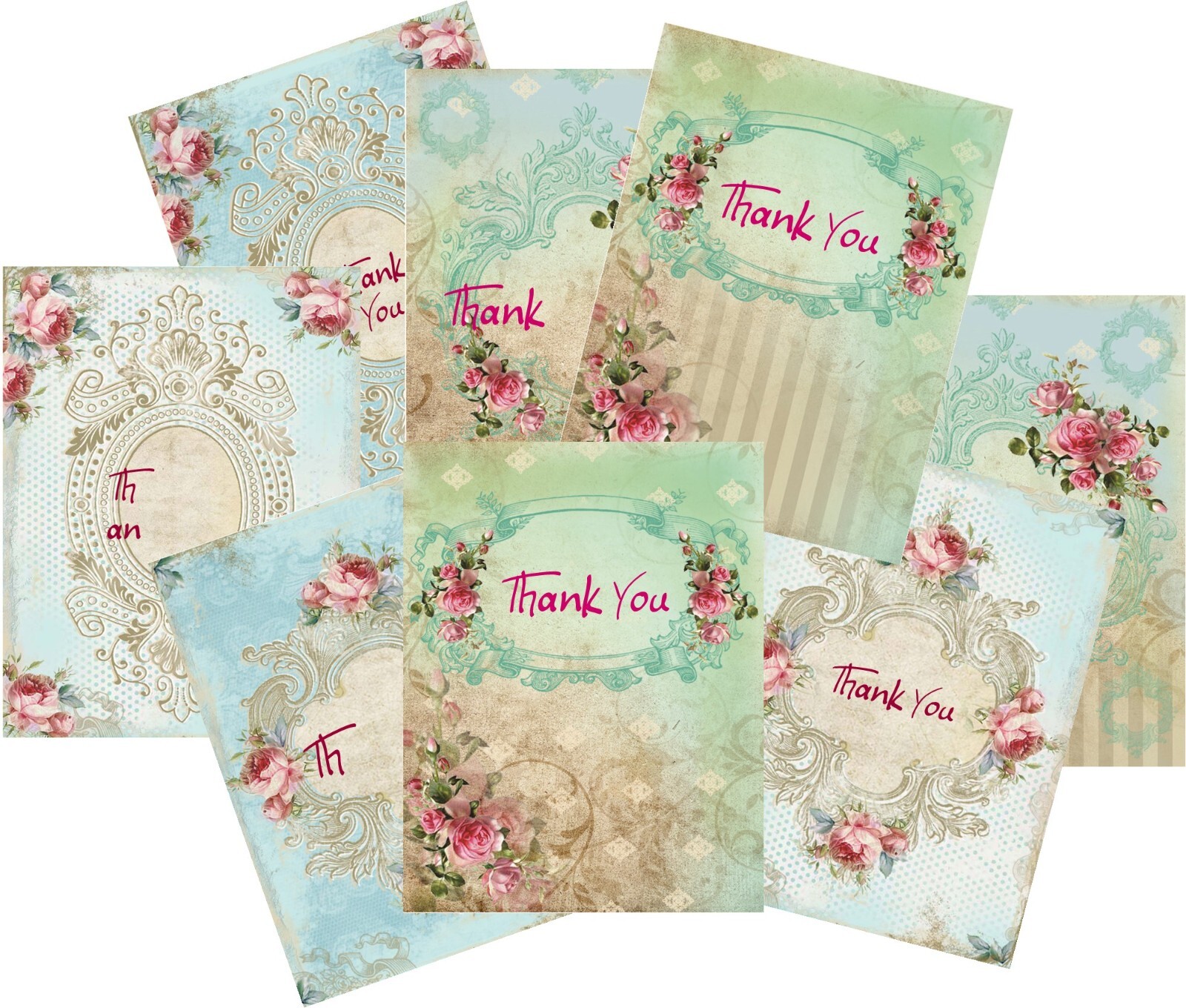 8 THANK YOU NOTE CARDS ROSES BLANK GLOSSY CARDSTOCK IVORY ENVELOPES ORGANZA BAG