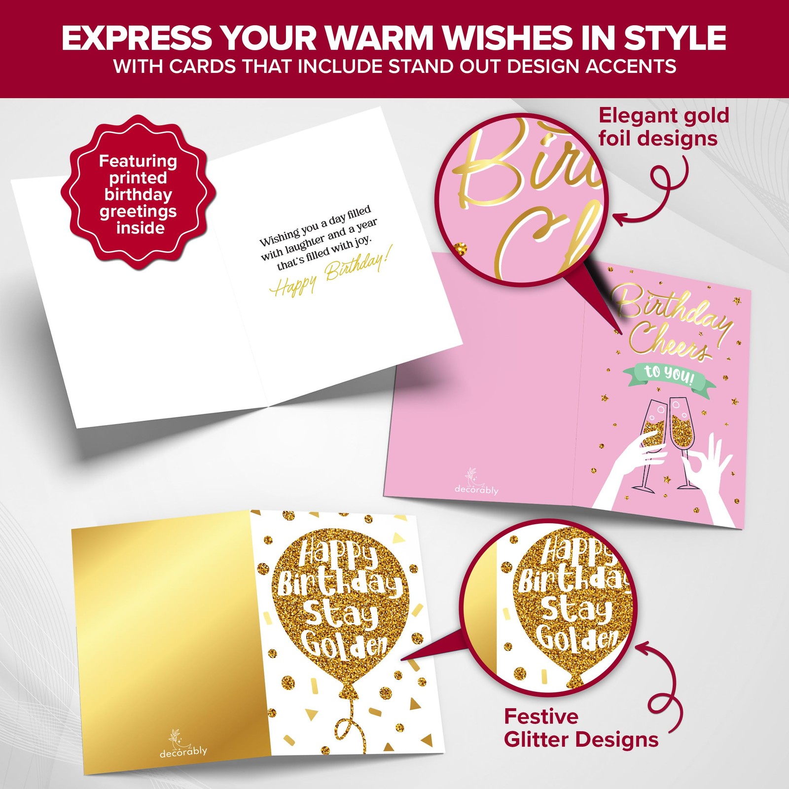 Decorably 50 Pack Foiled & Glittery 6x4in Assorted Adult 6×4 inches, Metallic