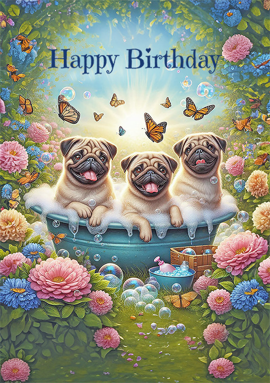 Pug Dogs Bath “Happy Birthday” card