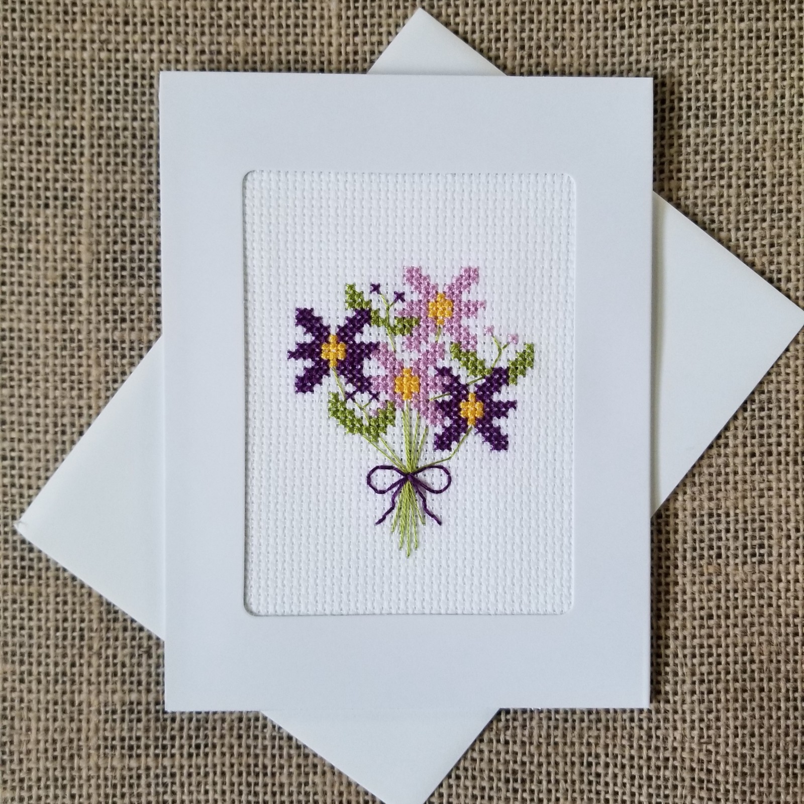 Finished Completed Cross Stitch Purple Flower Bouquet Blank Frame Card