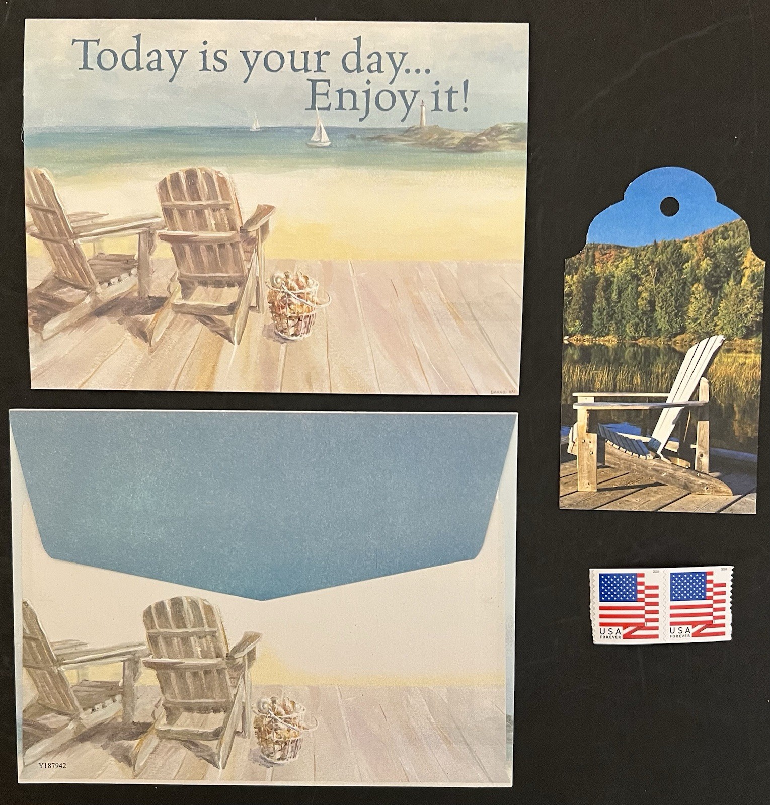 Beach Adirondack Chairs Birthday Art Card by Danhui Nai w/Env/Gift Tag Stamps BN