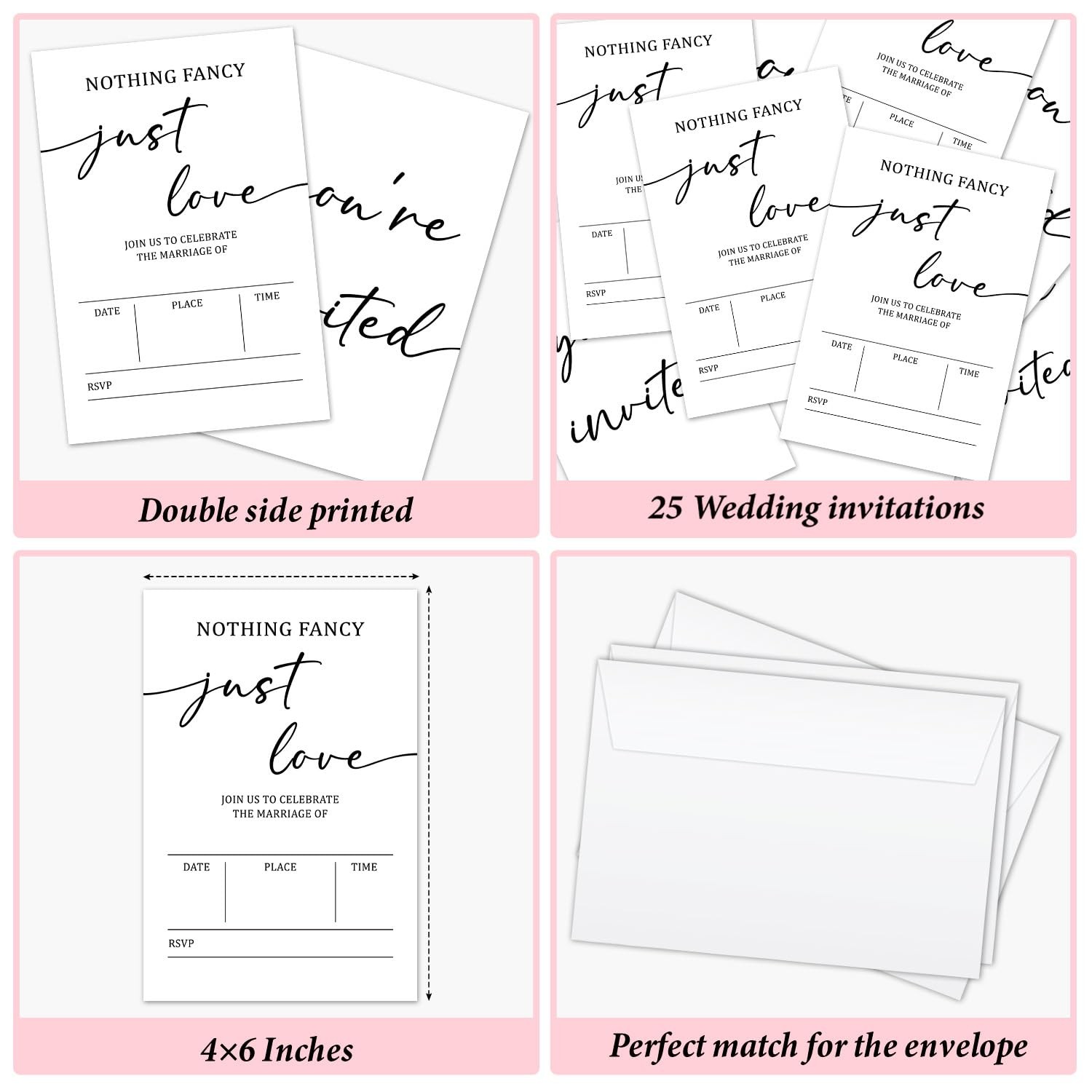 Nothing Fancy Just Love Wedding Invitations 25 PCS, Minimalist Envelopes Kit
