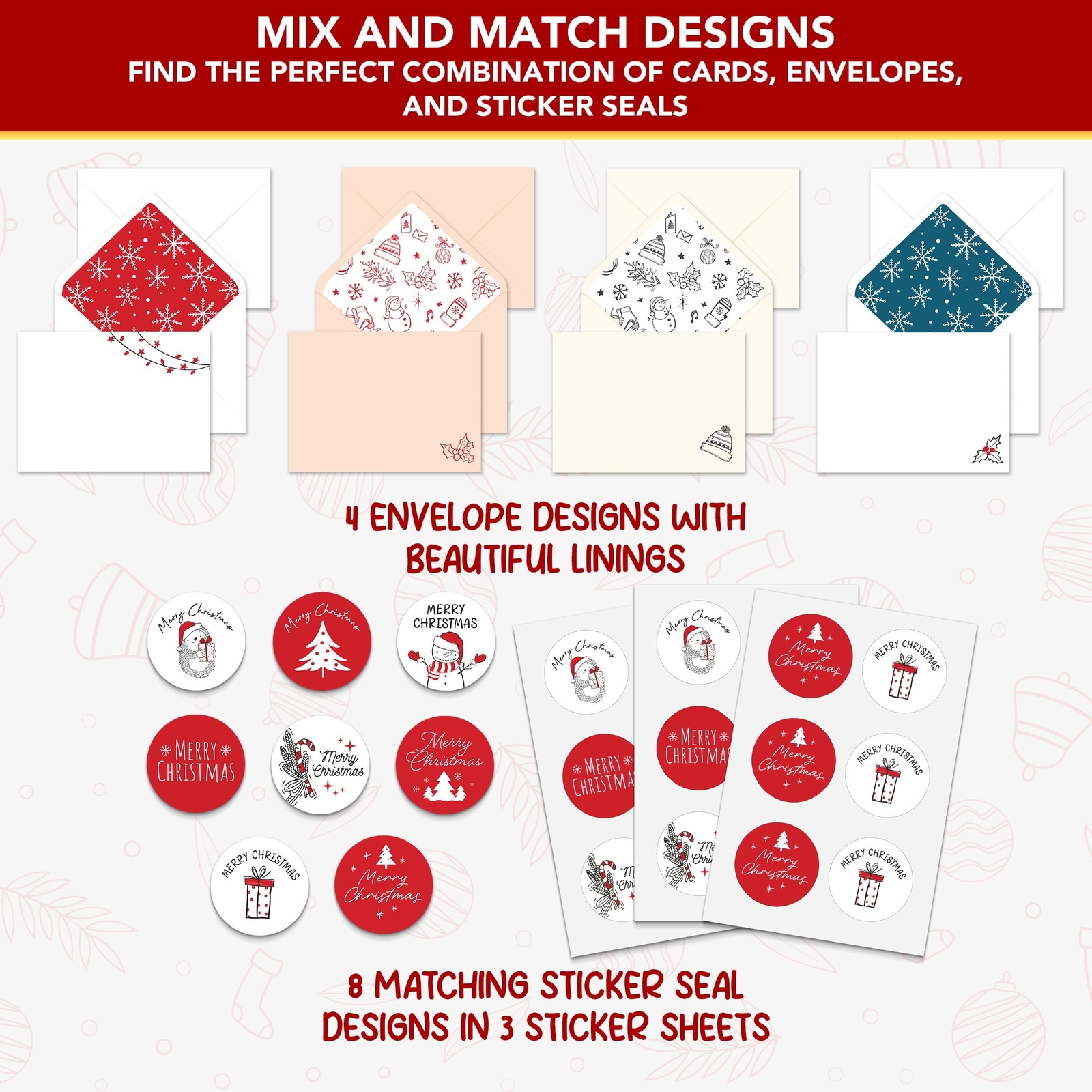 Decorably 16 Pack Minimalist Assorted Christmas Cards With Envelopes and Stic…