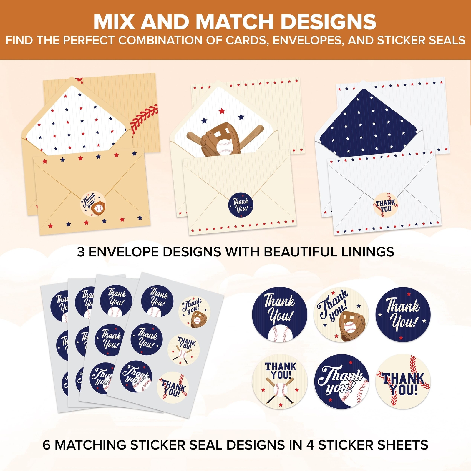 Decorably 24 Pack 6x4in Baseball Thank You Cards with Envelopes and Stickers,…