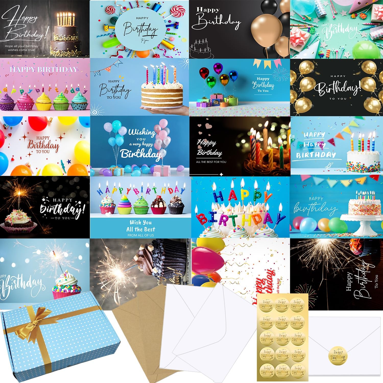 Tarjetas de cumpleaños con sobres de 4 x 6 pulgadas, 20 diseños únicos