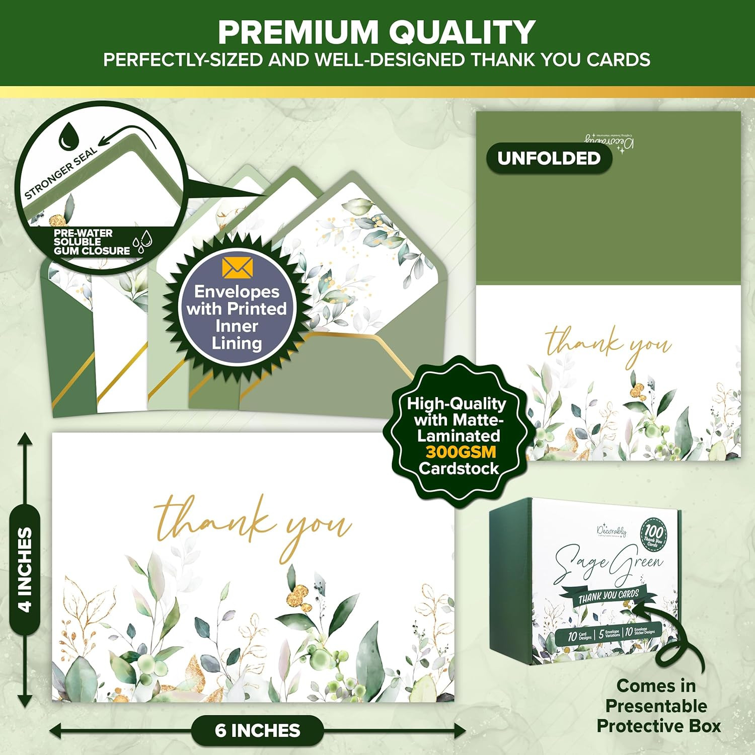 6X4In Sage Green Thank You Cards with Envelopes, 10 Elegant Designs for Parties