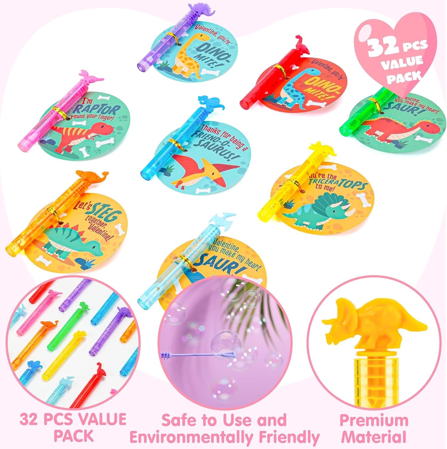 Complete 32 Pack Valentine’s Favor: Mini Bubble Wands & Dino Gift Cards for Kids