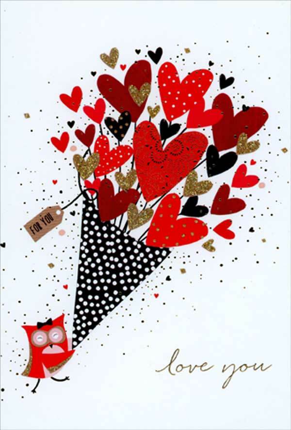 Pictura Owl Holding Large Bouquet of Hearts Valentine’s Day Card