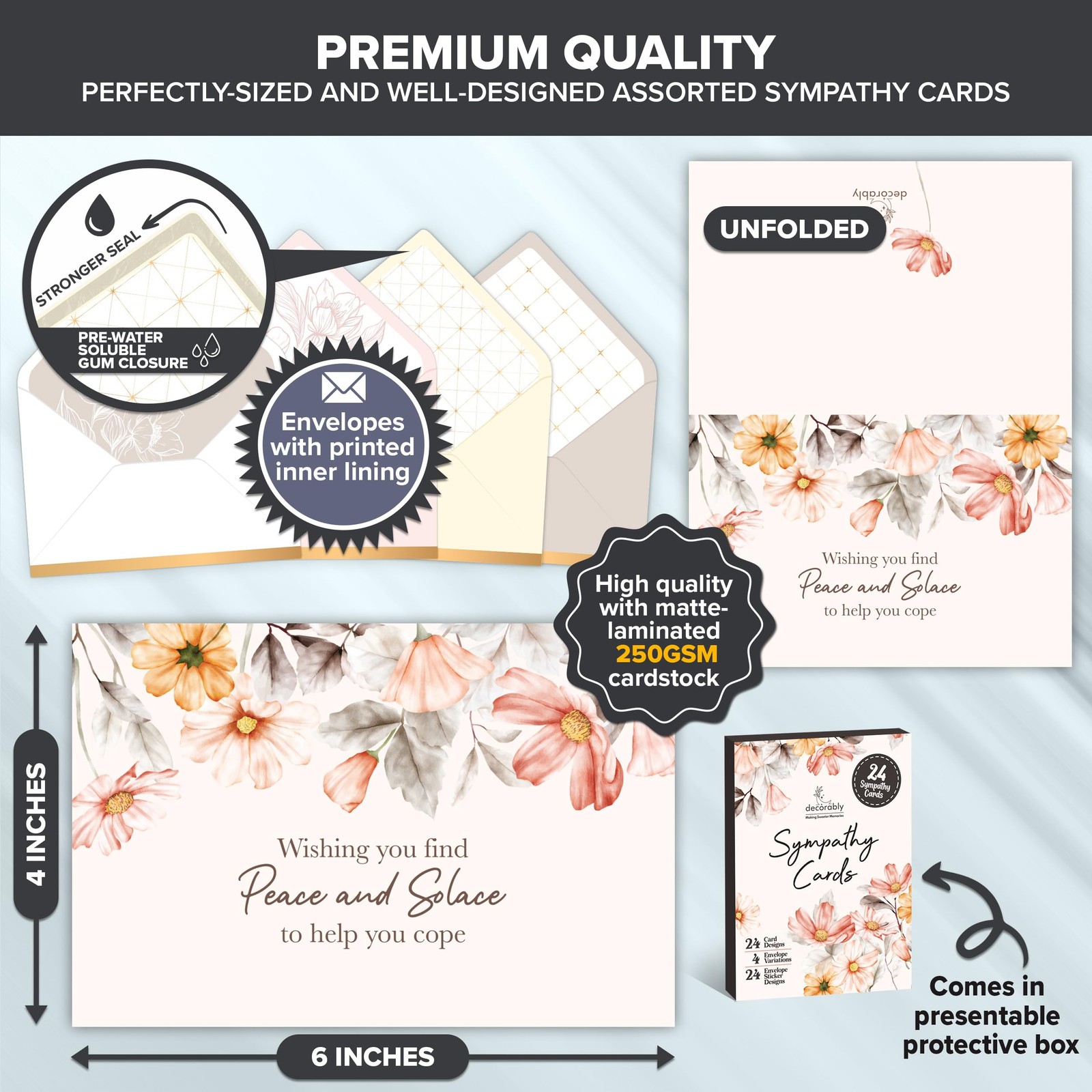 Decorably 24 Pack 6x4in Assorted Sympathy Cards with 6×4 inches,