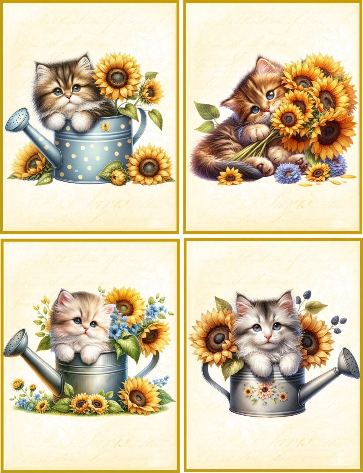 8 Kitten Cat with Sunflower fold out blank Note Card Envelopes Organa bag