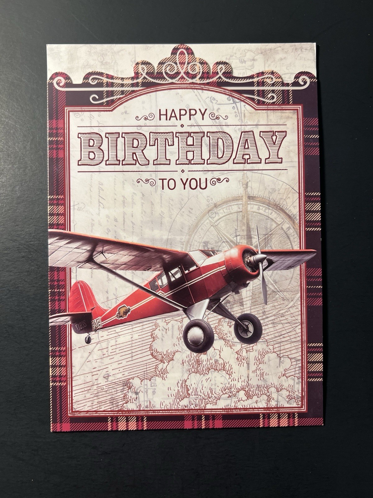 Vintage red flying Prop Airplane BIRTHDAY Card Compass w/ Plaid Envelope/Stamp