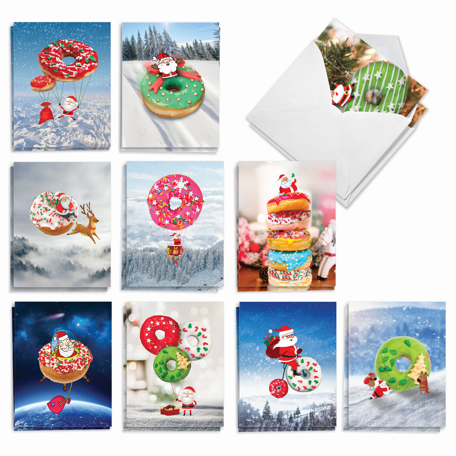20 Christmas Cards (10 Designs, 2 Each) – Donut Ho Ho Holes AM3489XSG-B2x10