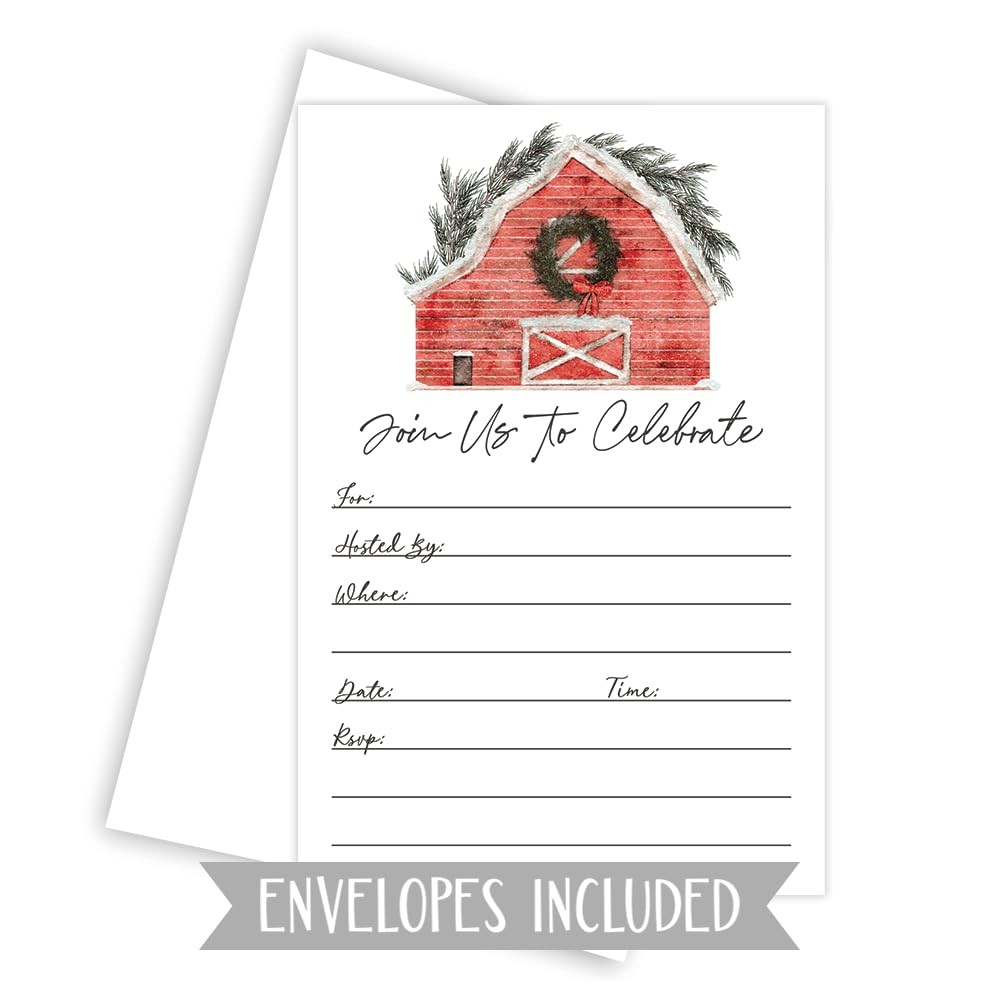 20 PCS Rustic Red Barn Christmas Invitations Watercolor Holiday Envelopes