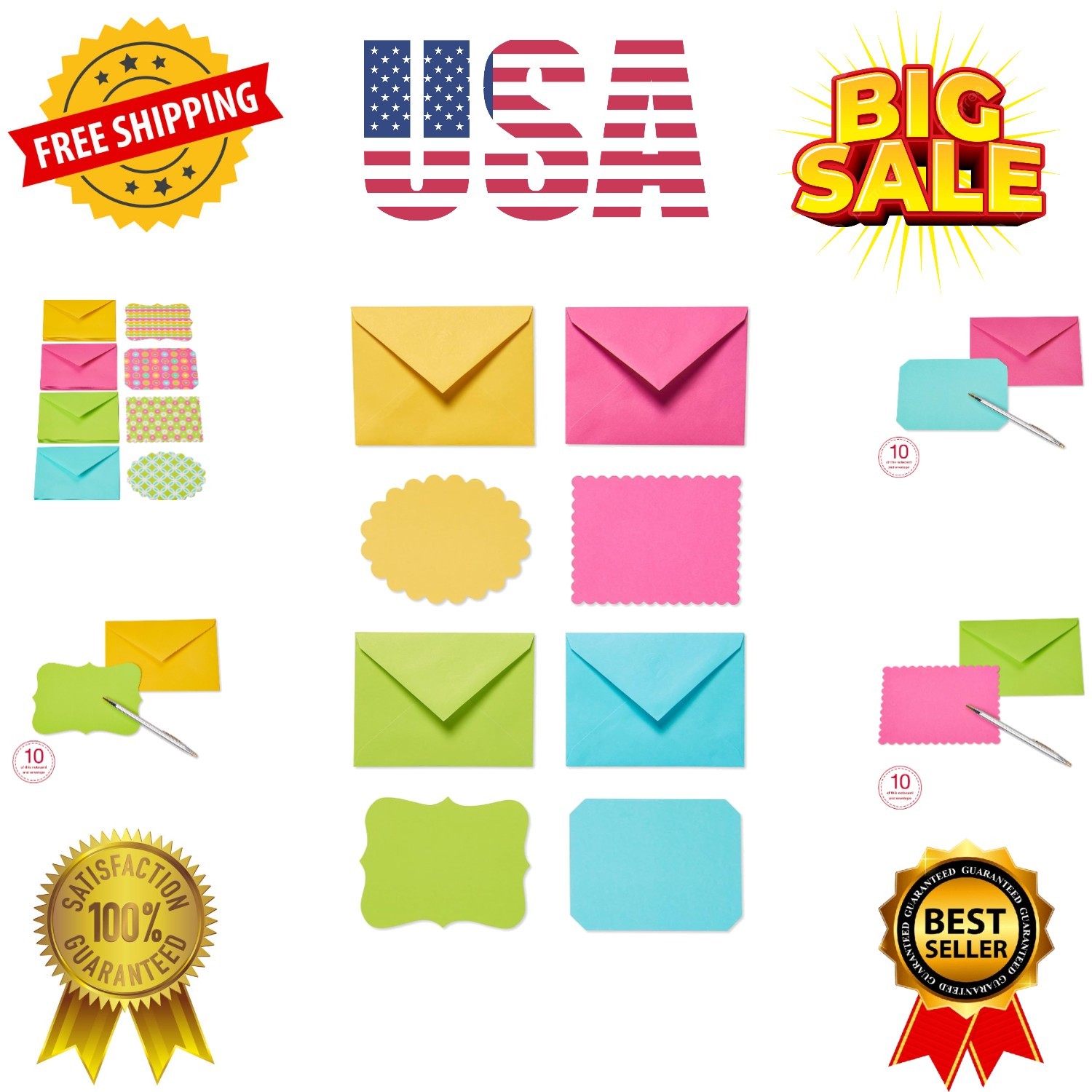 Single Panel Blank Cards with Envelopes, Bright Colors, Patterns and Shapes 4…