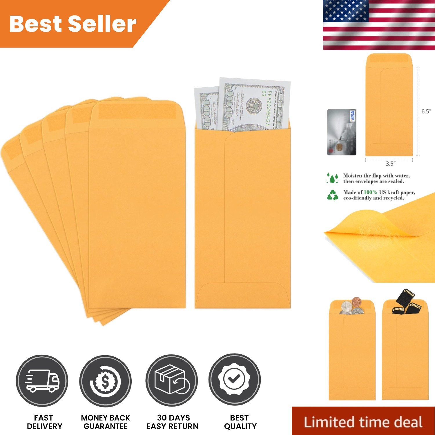 100 Durable Brown Kraft Envelopes, Gummed Closure – Ideal for Cash and Seeds