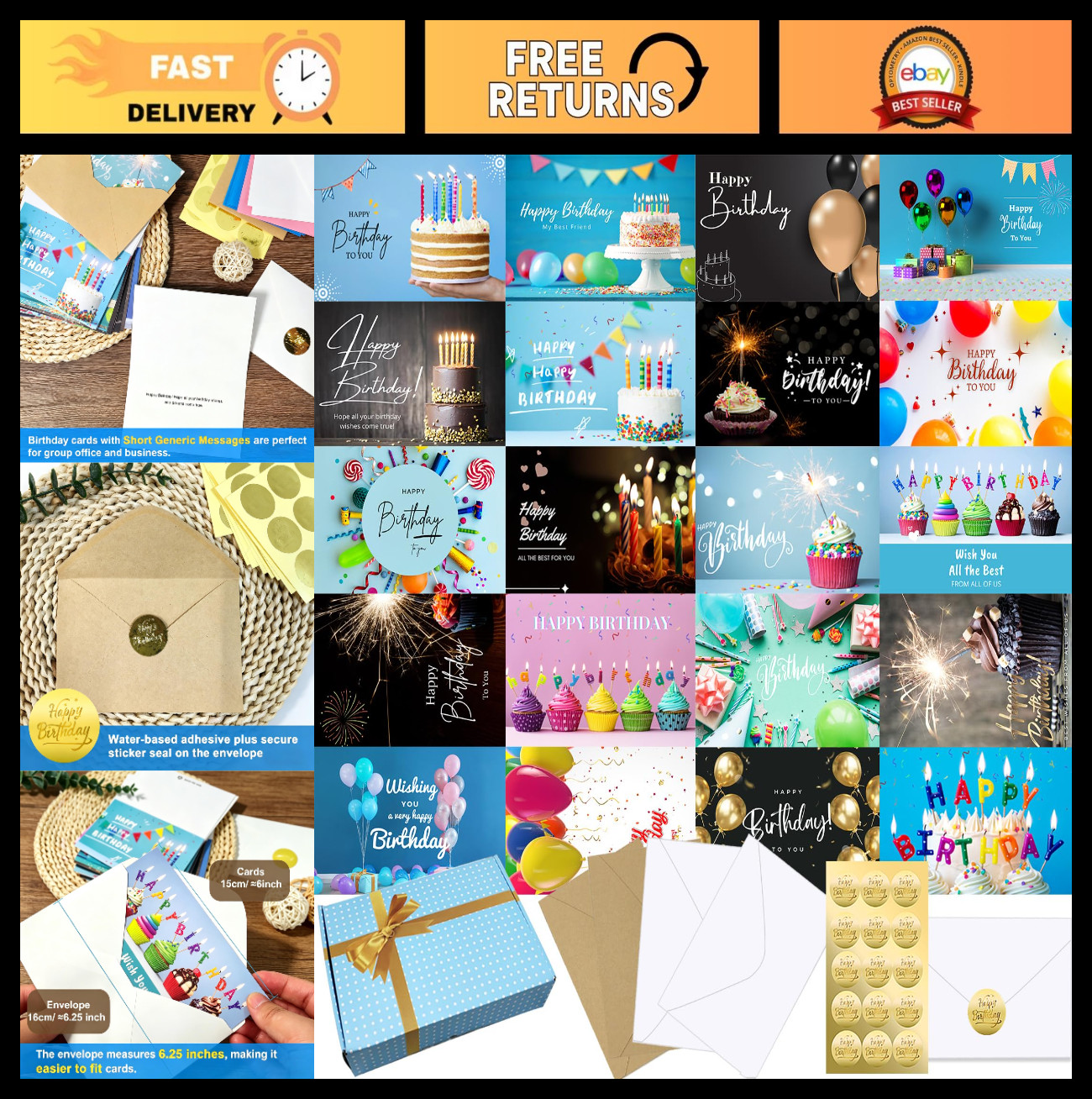 Bulk Birthday Cards Set – 160 Cards with Envelopes, 20 Unique Designs, 4×6 inche