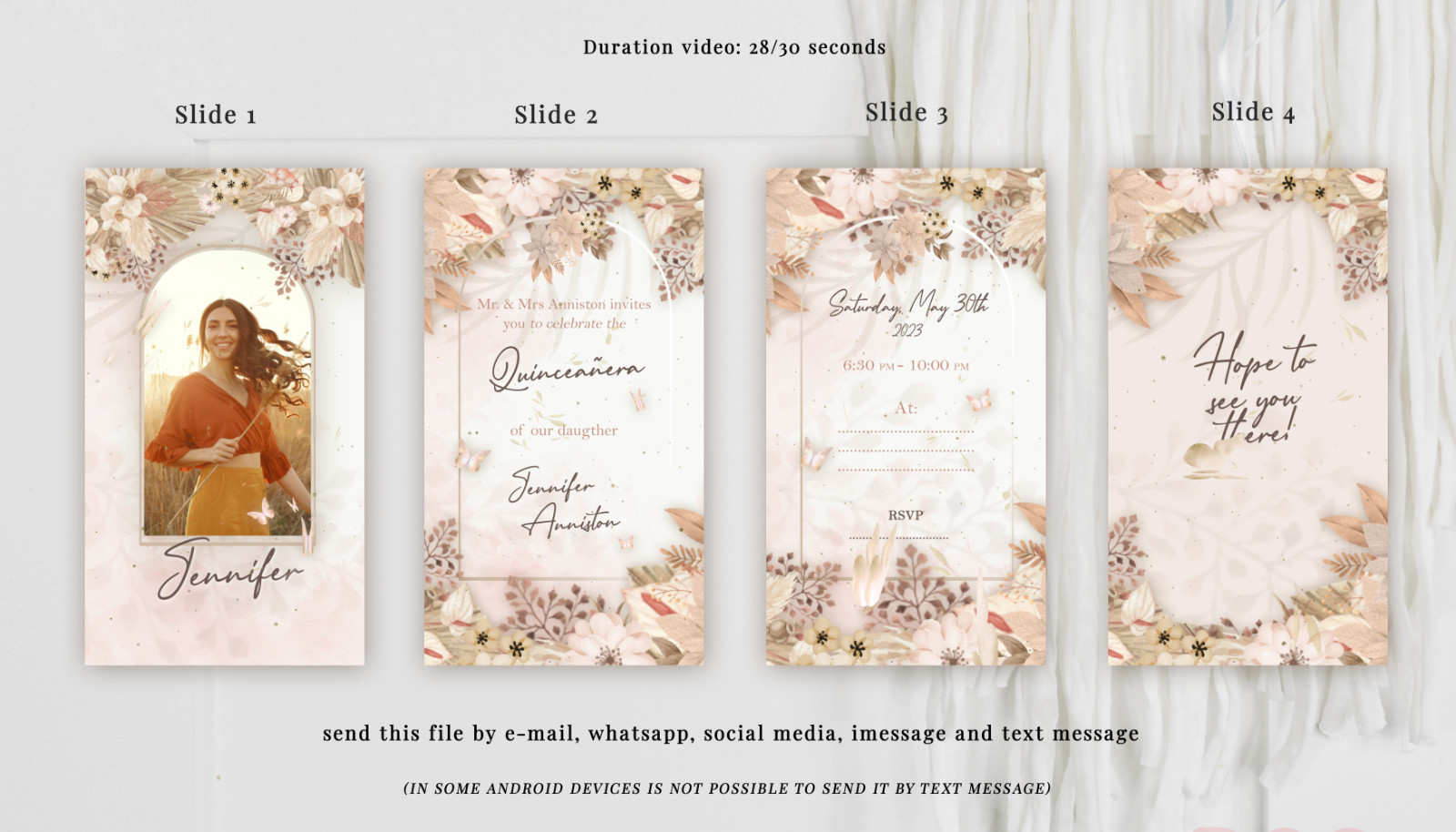 Quinceañera Sweet 16 Video invitation, Boho neutral colors, Butterflies