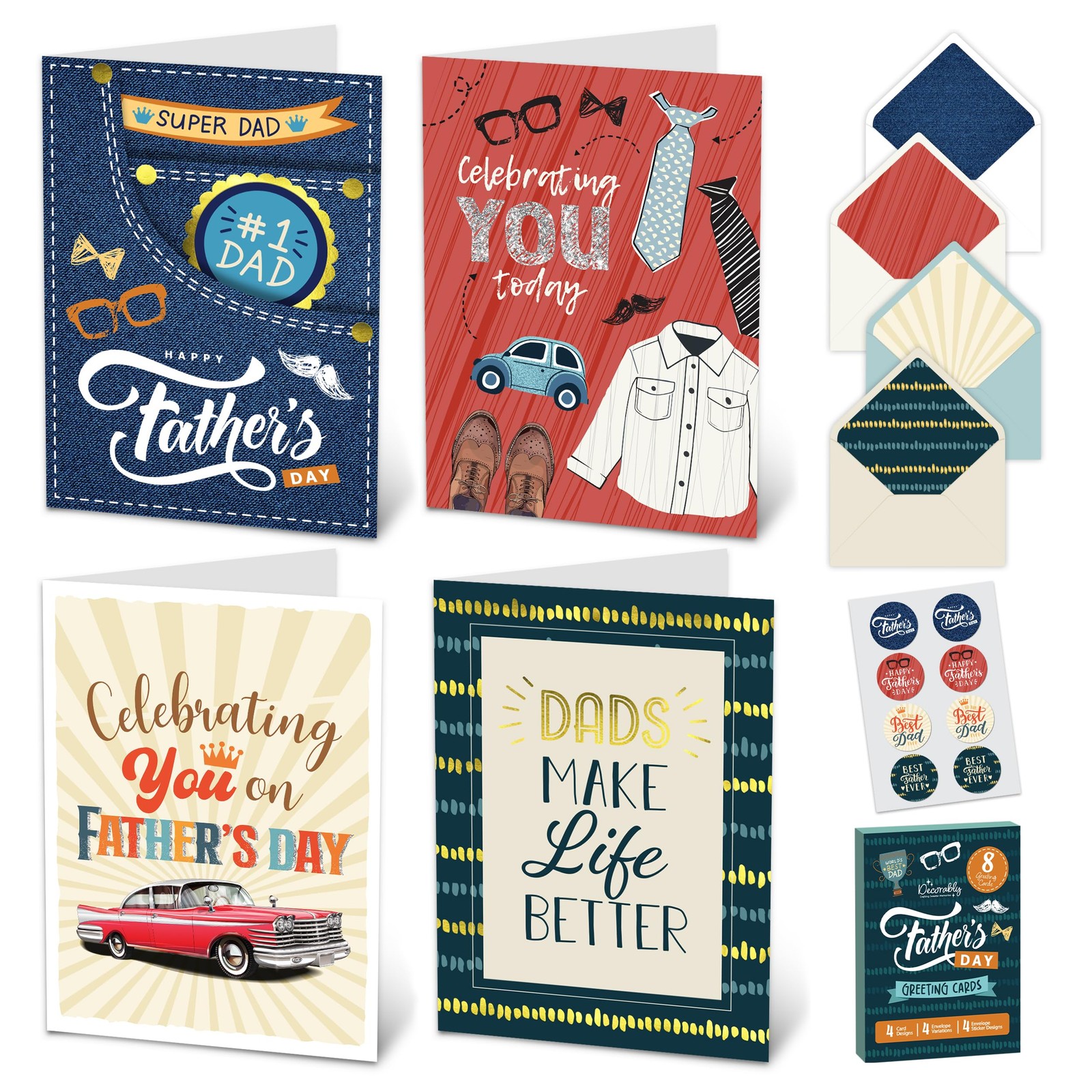 8 Glittery and Gold Foil 5x7in Pack of Fathers Day Cards Set with Envelopes a…