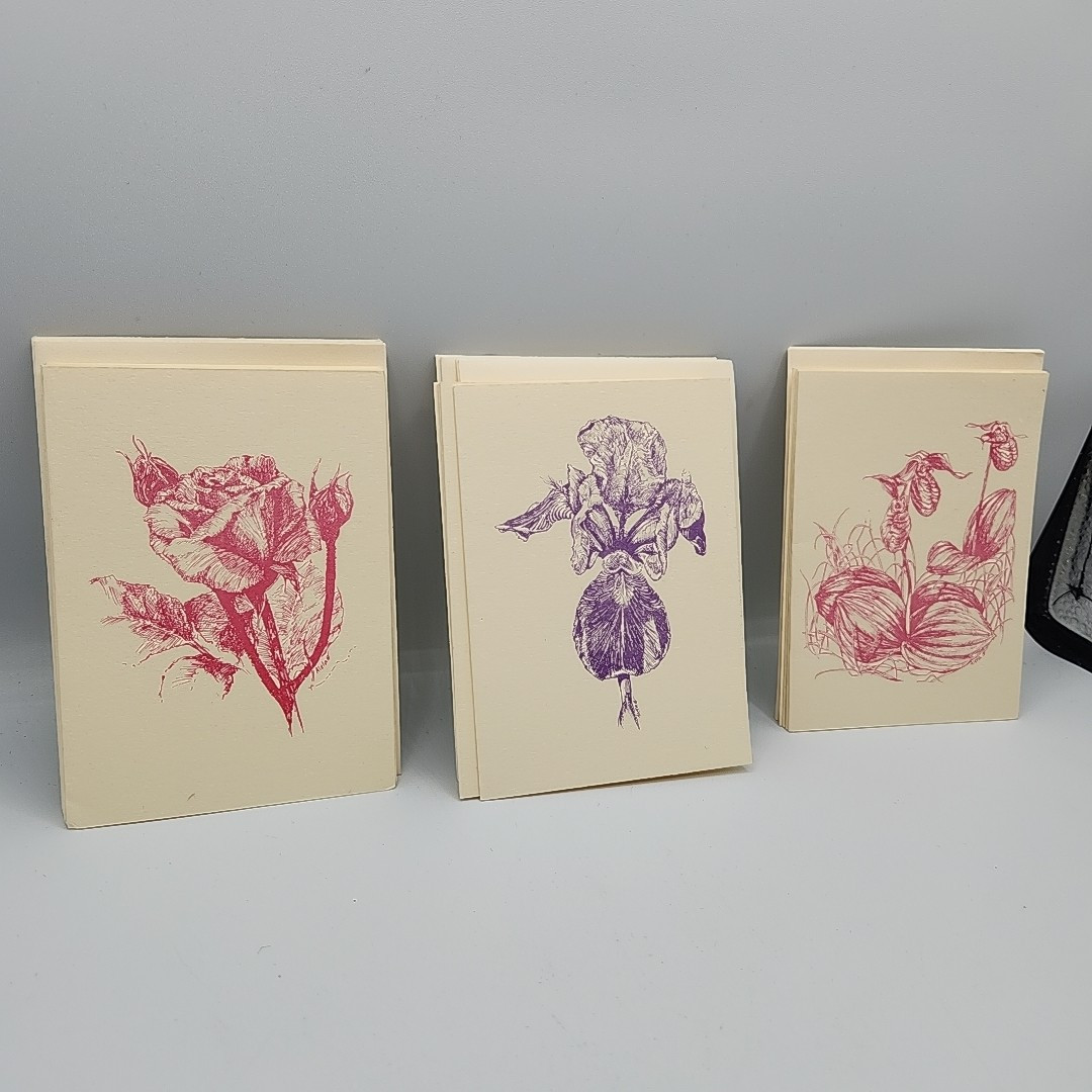 12 Printed Floral Notecards Botanical Art Stationary Cards Artist Vtg Signed