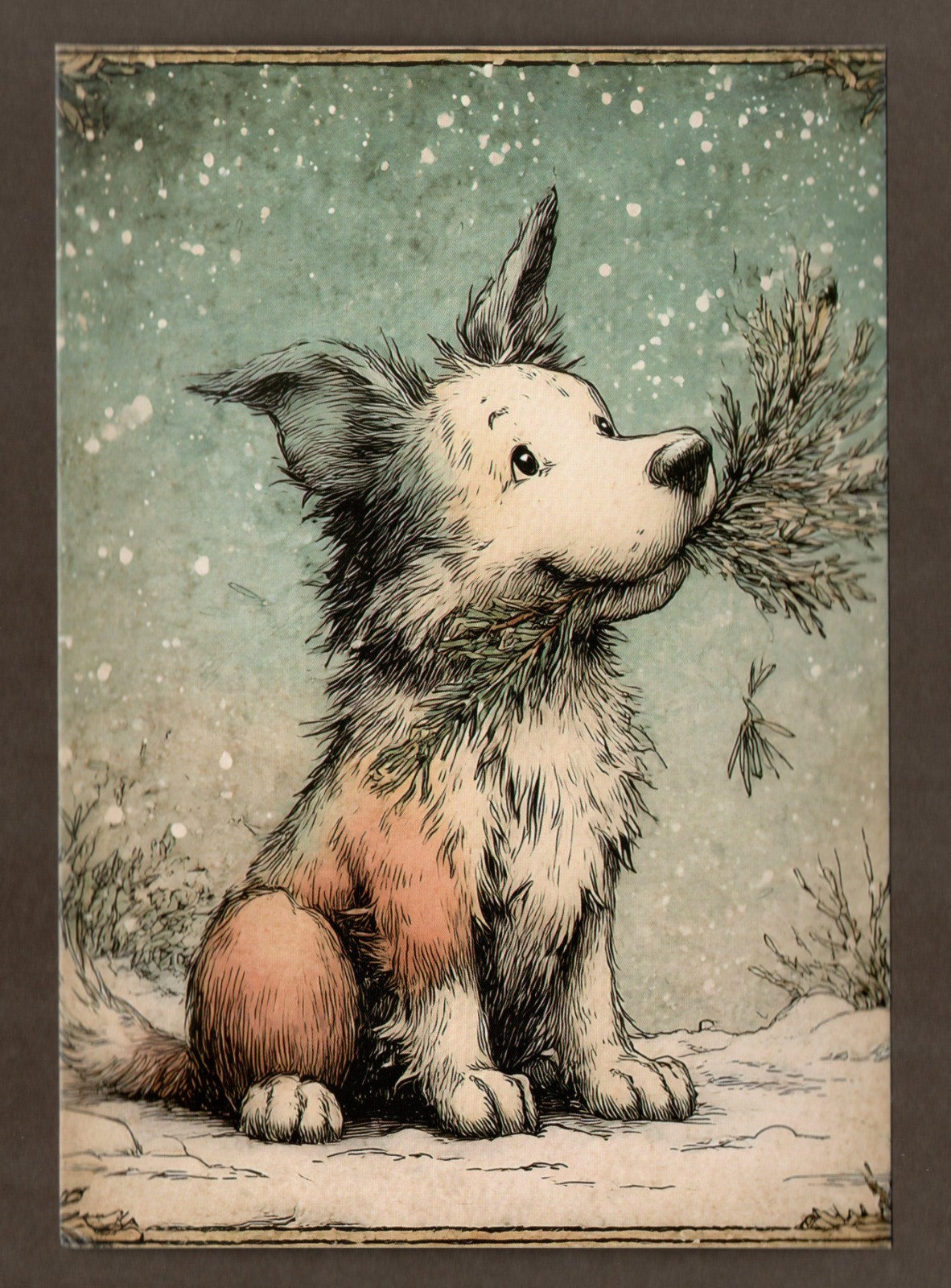 Black & White Scruffy Dog Mini Art Print or Postcard, 5.5″, Winter Snow Holiday