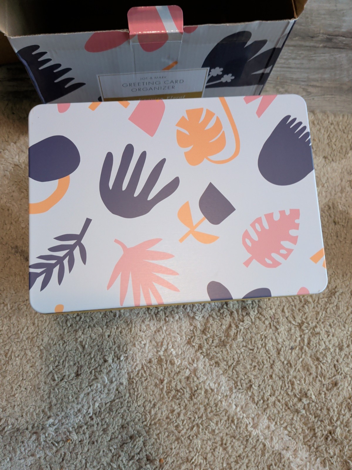 Jot & Mark Greeting Card Organizer Scandinavian Floral Tin Box W/Dividers