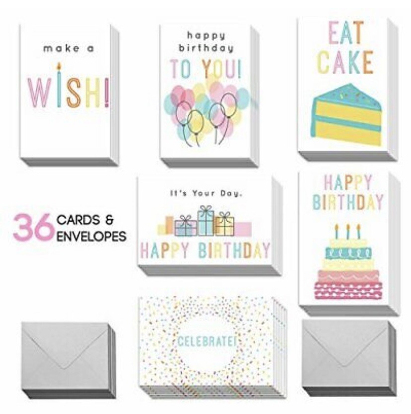 Set Of 36 Happy Birthday Cards with Envelopes, 6 Illustrated Designs – NEW/FAST!