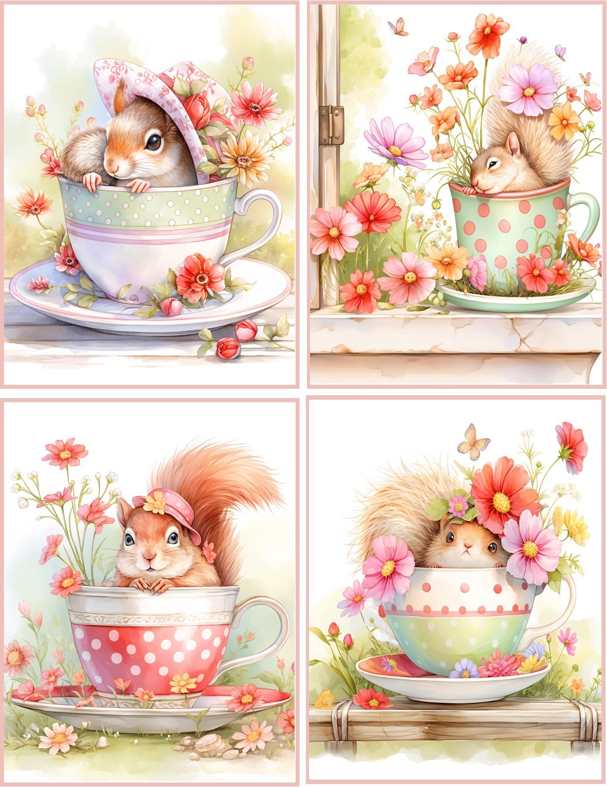 8 Squirrel Fantasy Shabby Chic Tea Cup glossy blank fold out Note Card envvelope