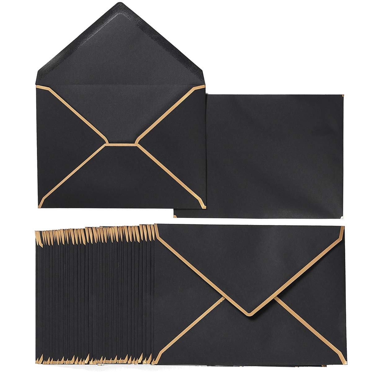50 Pack A7 Envelopes Black 5 x 7 with Gold Border