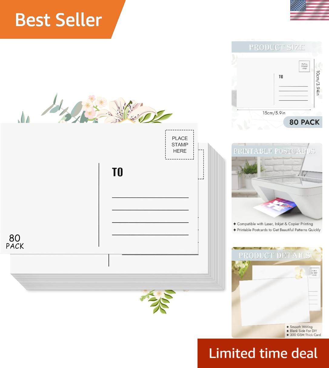 Blank Postcards 80 Pack 4×6 White Cardstock 300 GSM Printable Mailing Cards Bulk