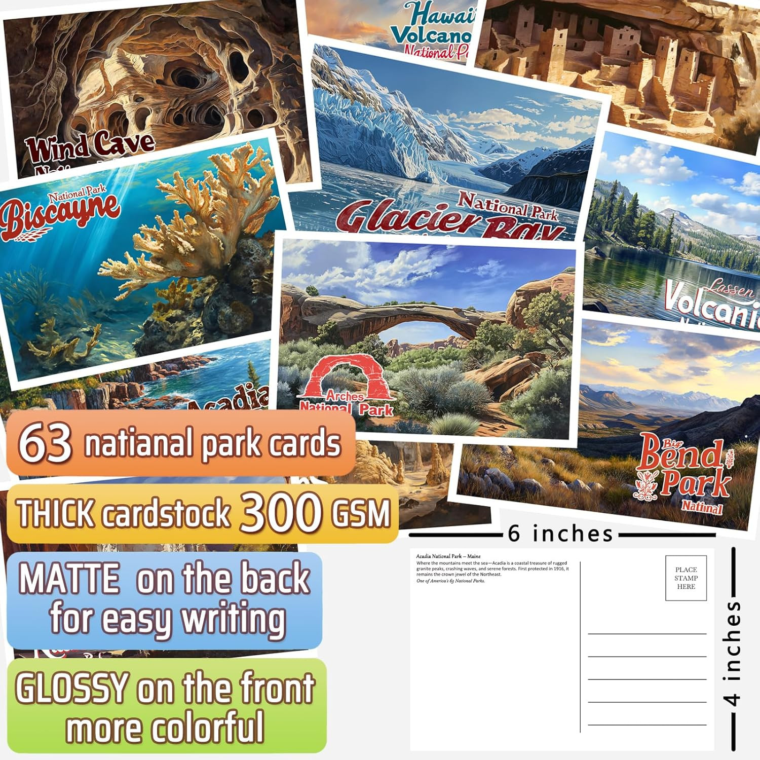 63 Illustrated US National Parks Postcard Set, Travel Poster Style, Variety Pack