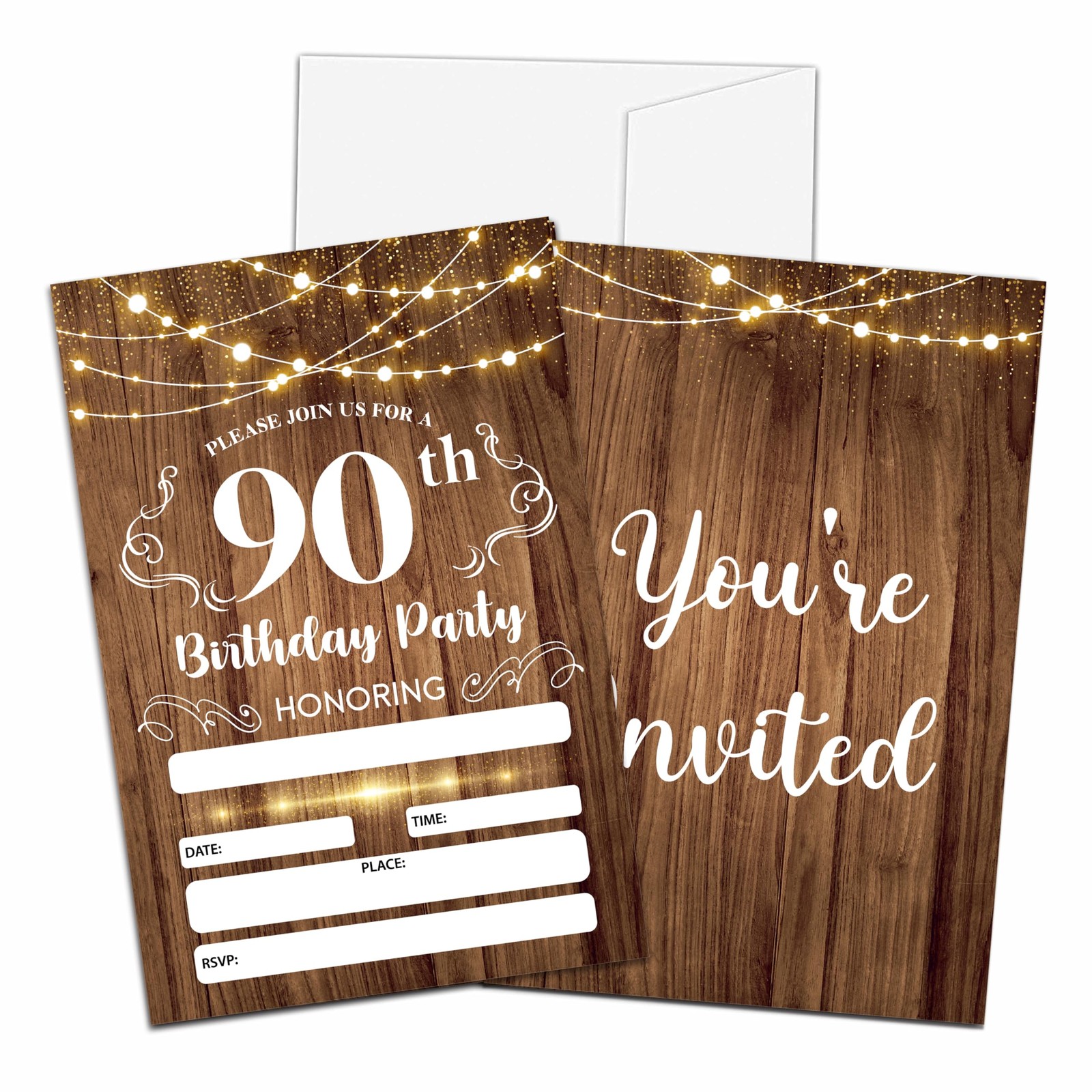 20 PCS 90th Birthday Invitations Men Women Rustic Wood Theme With Envelopes