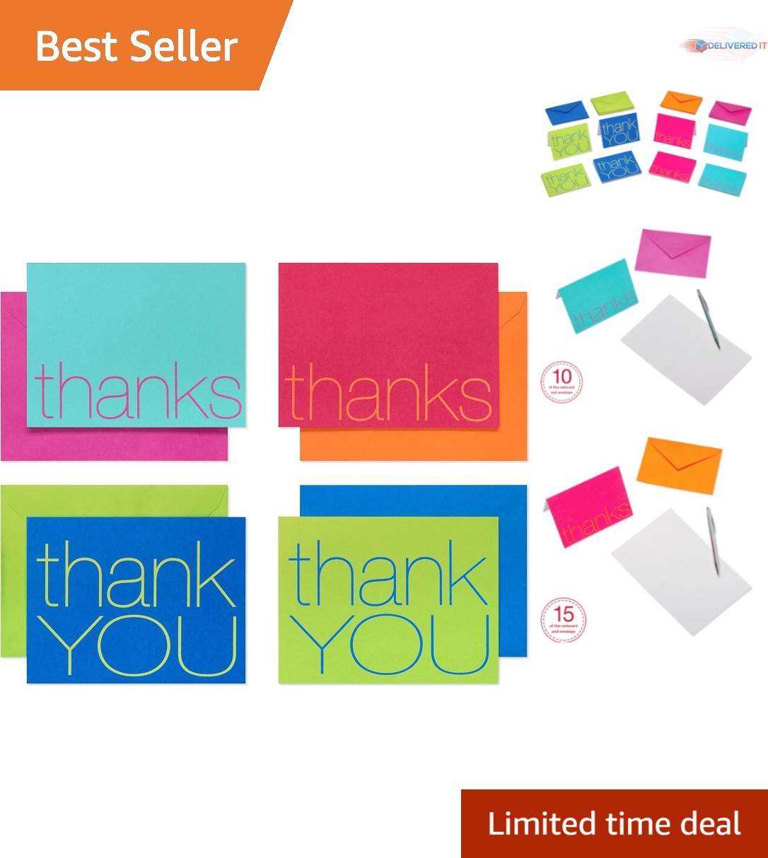 Thank You Cards with Envelopes Bulk 50-Count Bright Multicolored Occasion