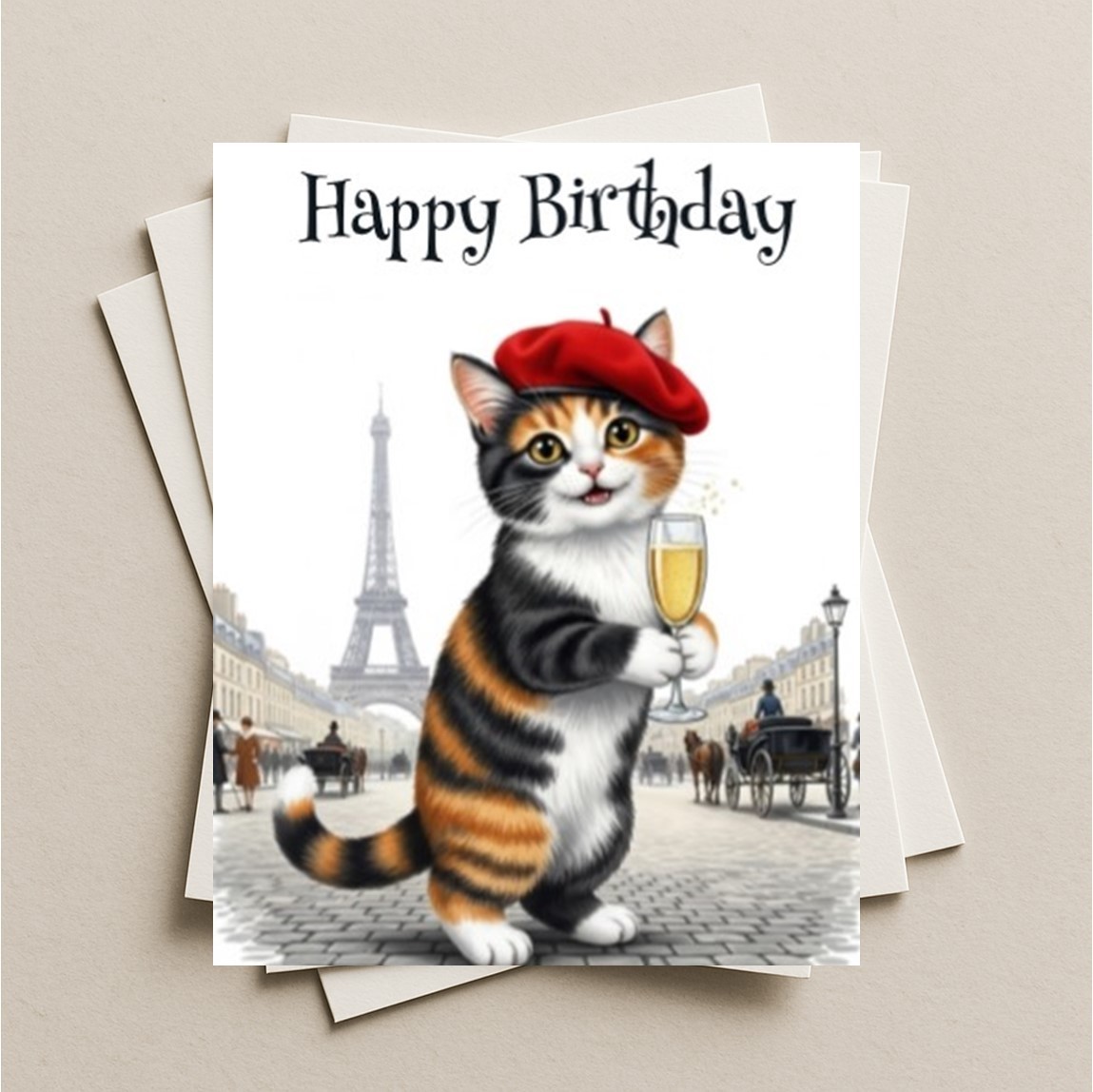 Birthday in Paris Calico cat blank greeting card, note or gift card envelope