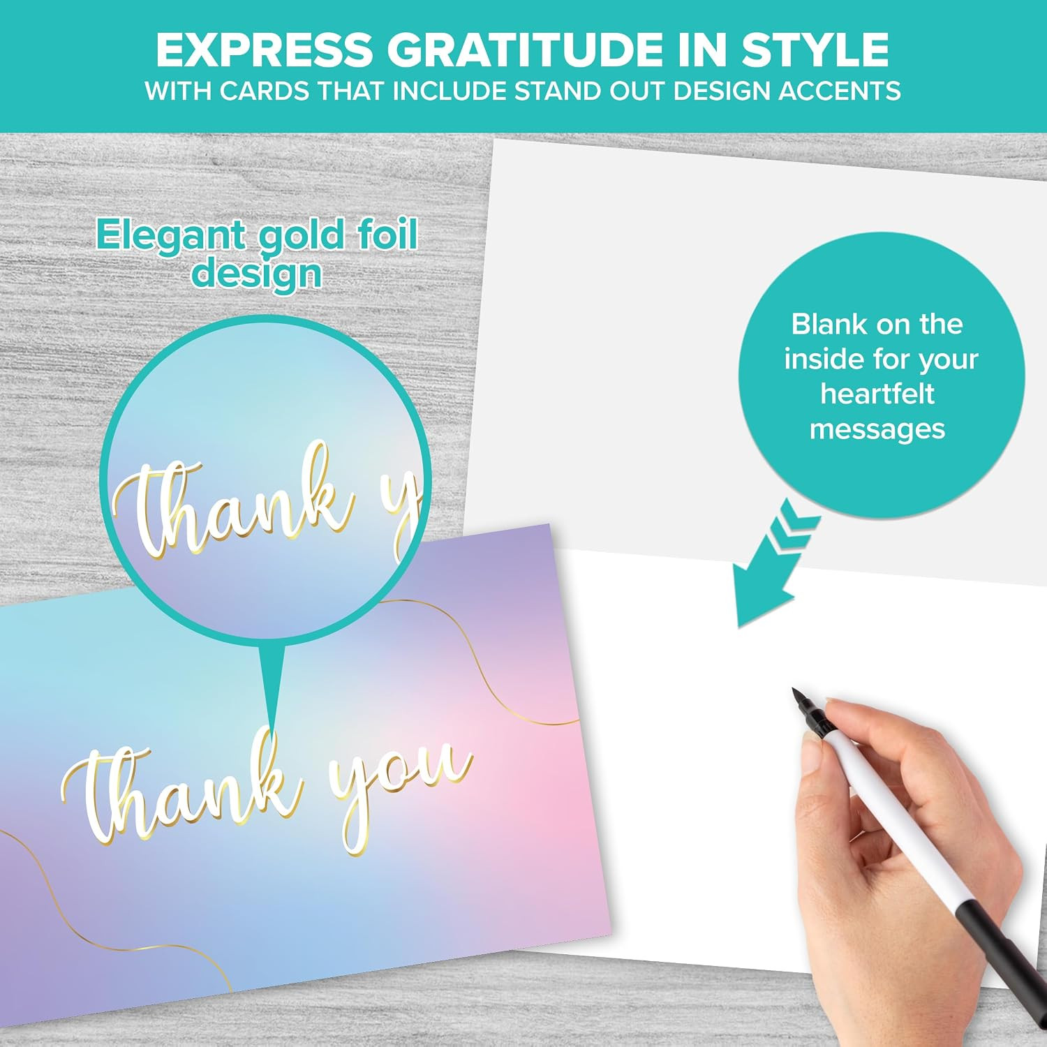 Decorably 24 Pack Gold-Foiled 6X4In Assorted Thank You Cards with Envelopes and