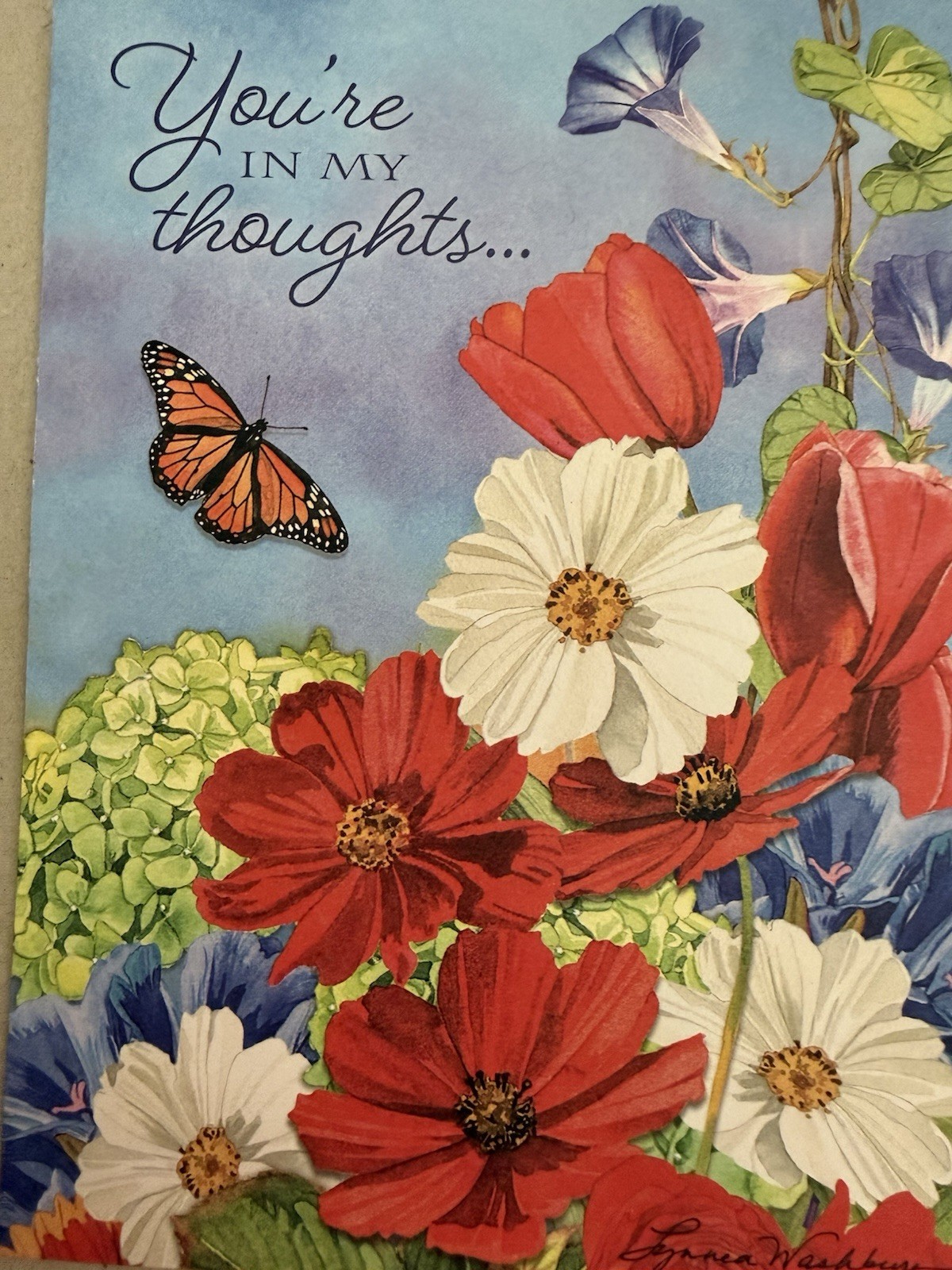 “You’re in My Thoughts” – Beautiful flower garden with butterfly – 4.75″ X 6.5″